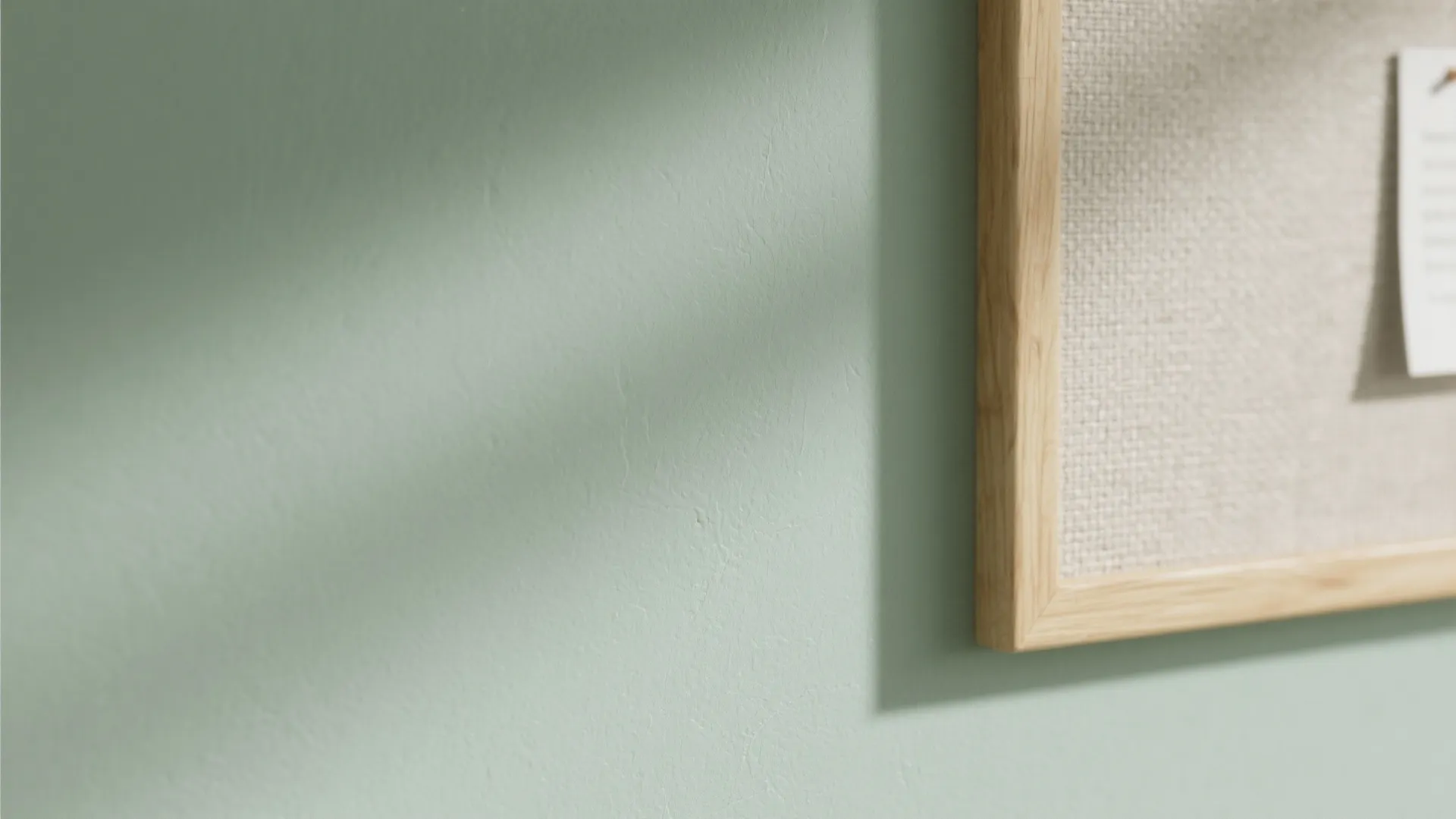 Close up of sage green wall with wooden frame fabric board and soft sunlight shadows falling