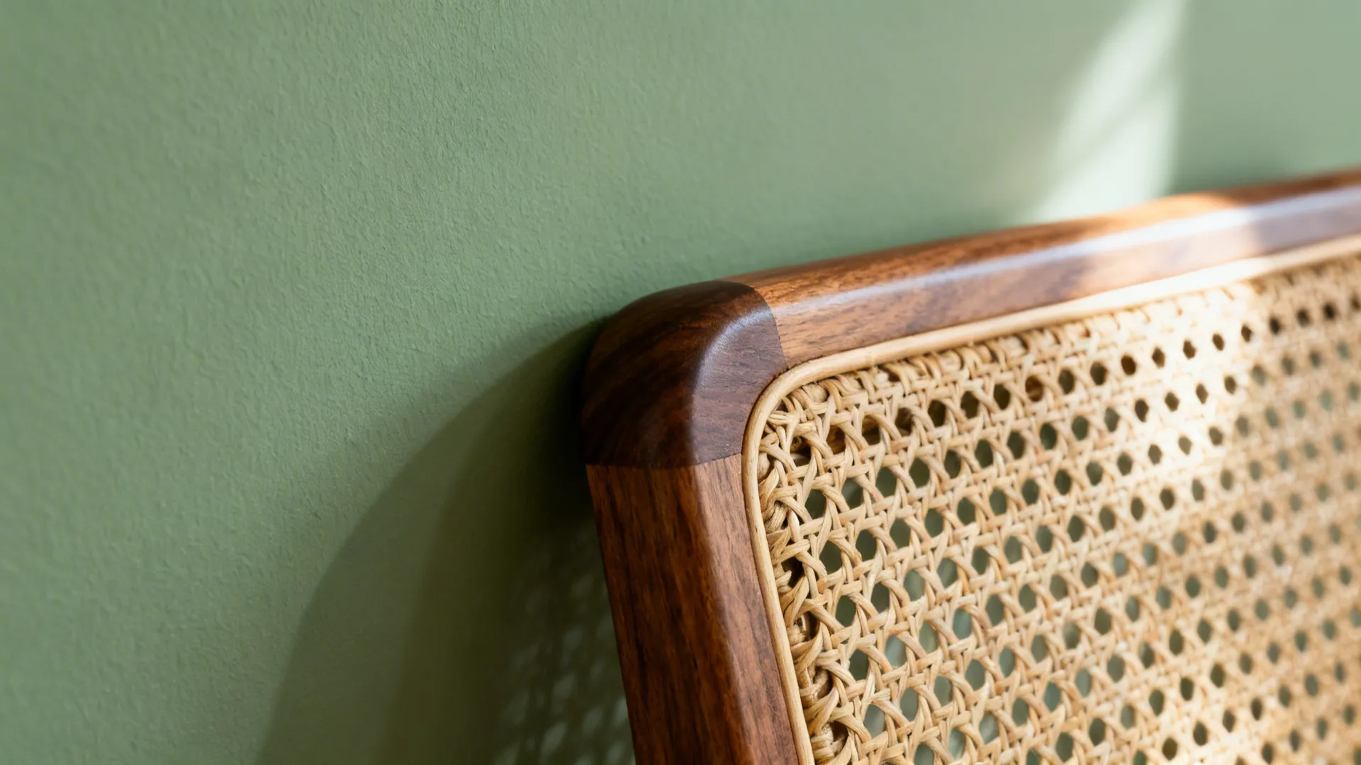 Macro of sage matte wall with walnut edge and rattan chair texture in daylight.