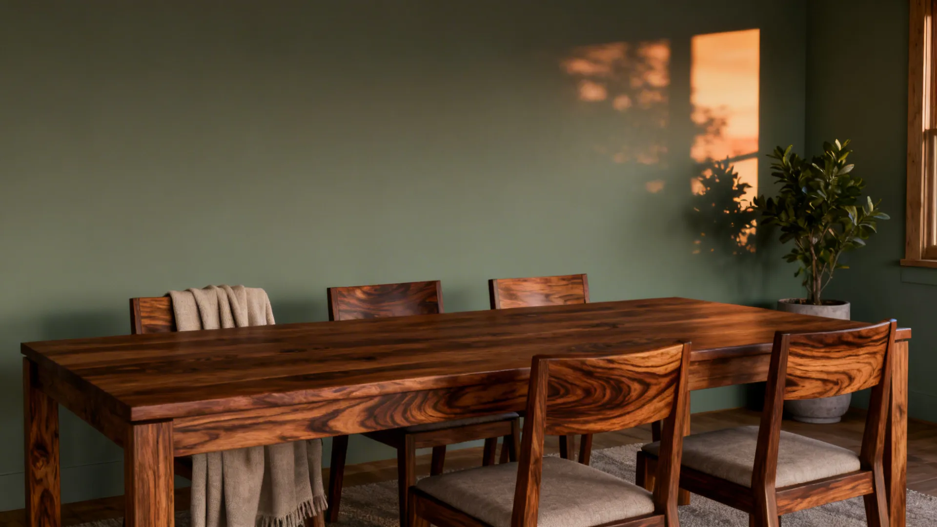 Dining room with large wooden table matching chairs green wall potted plant and warm sunset light