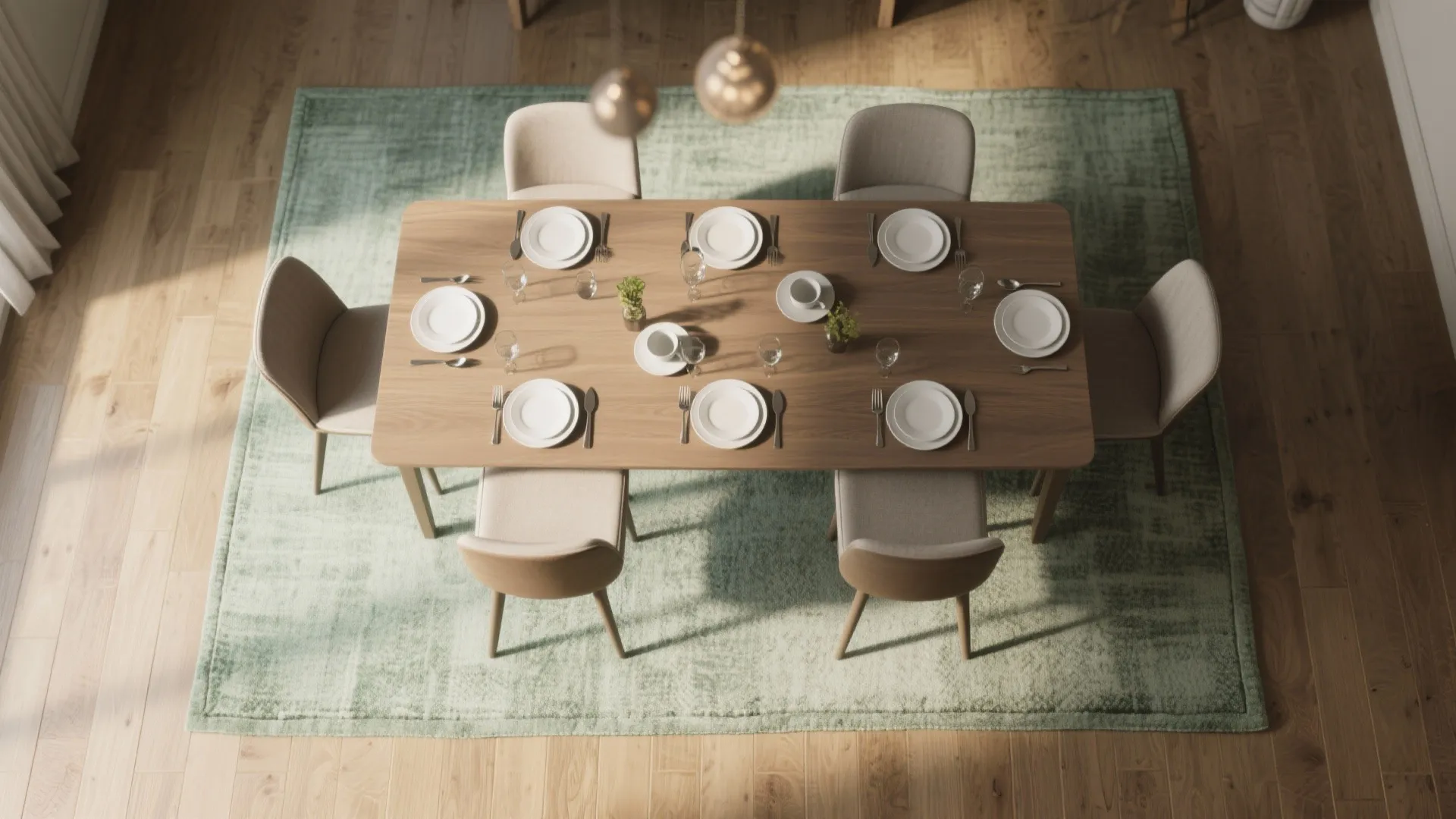 5. Layer Sage Rugs Under the Table