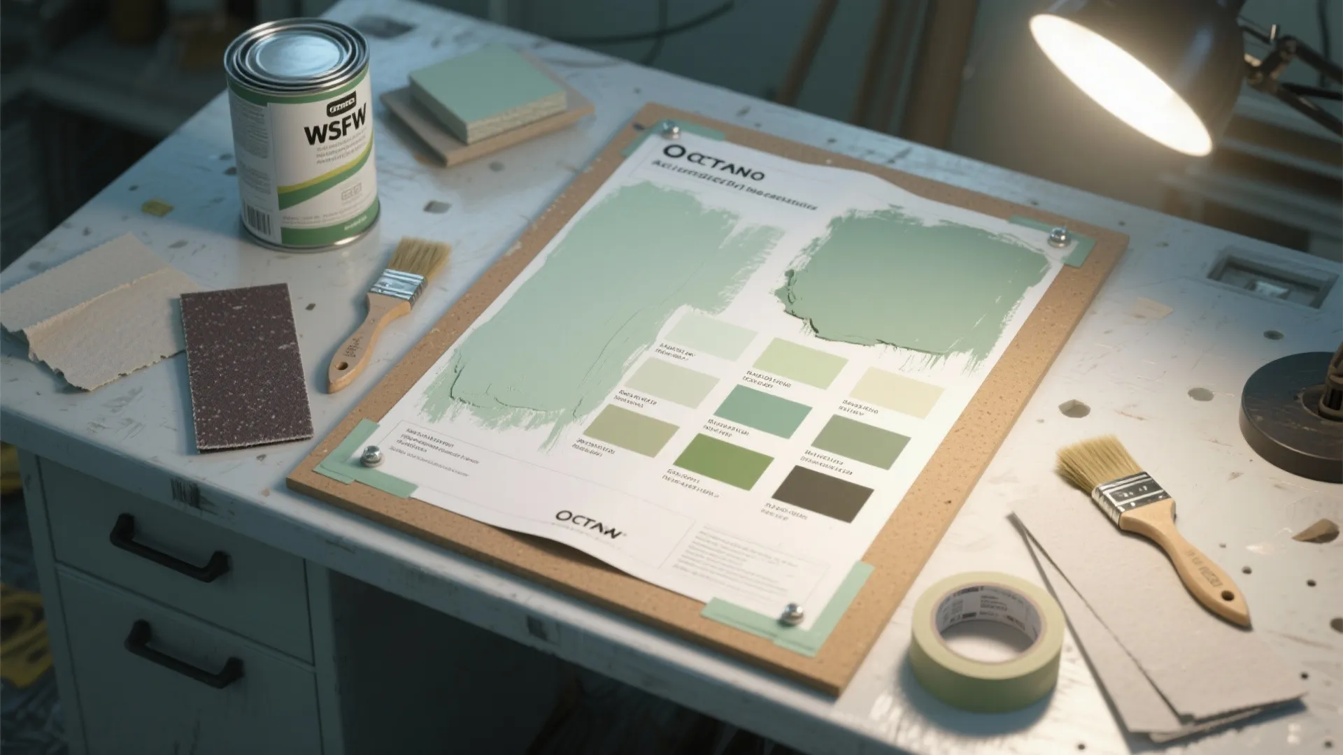 Top-down view of DIY materials: sage paint board, primer, sanding paper and tools for cabinet update