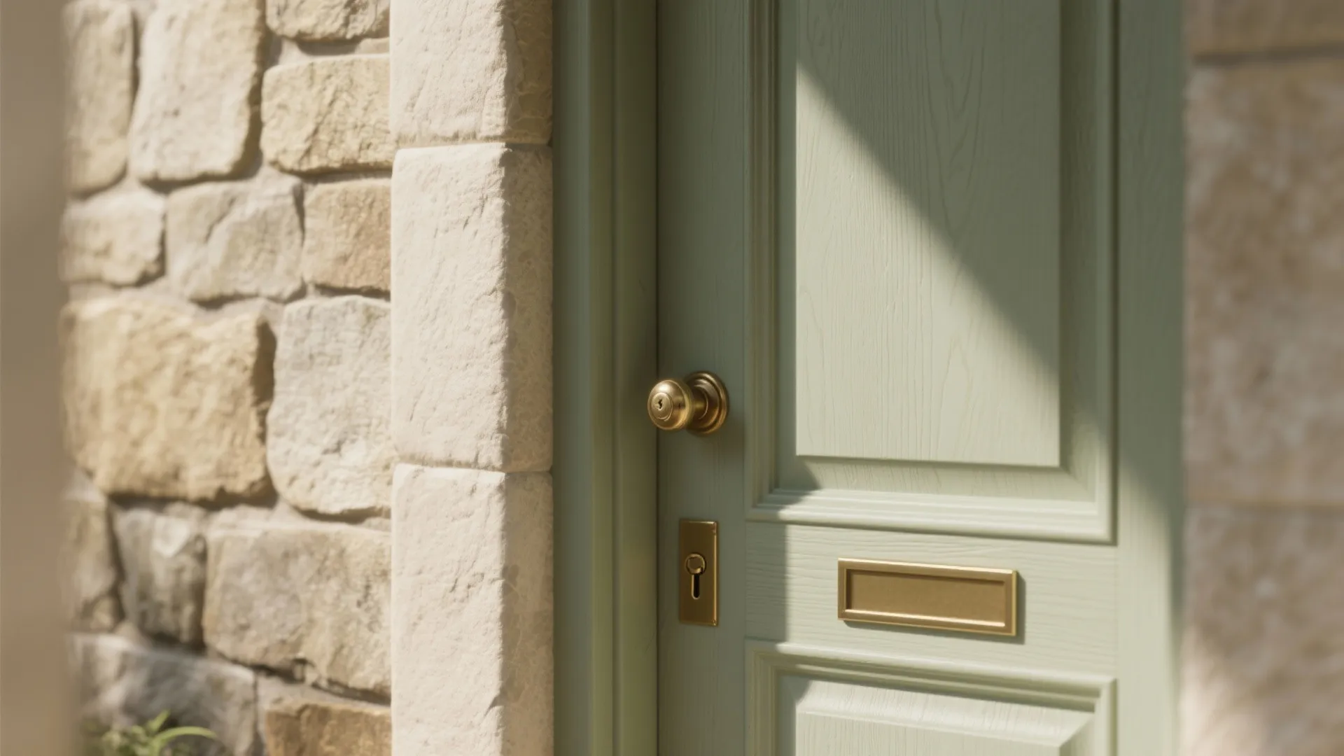 Macro detail of a soft sage door and satin trim against stone-toned walls, showing paint texture and brass hardware.