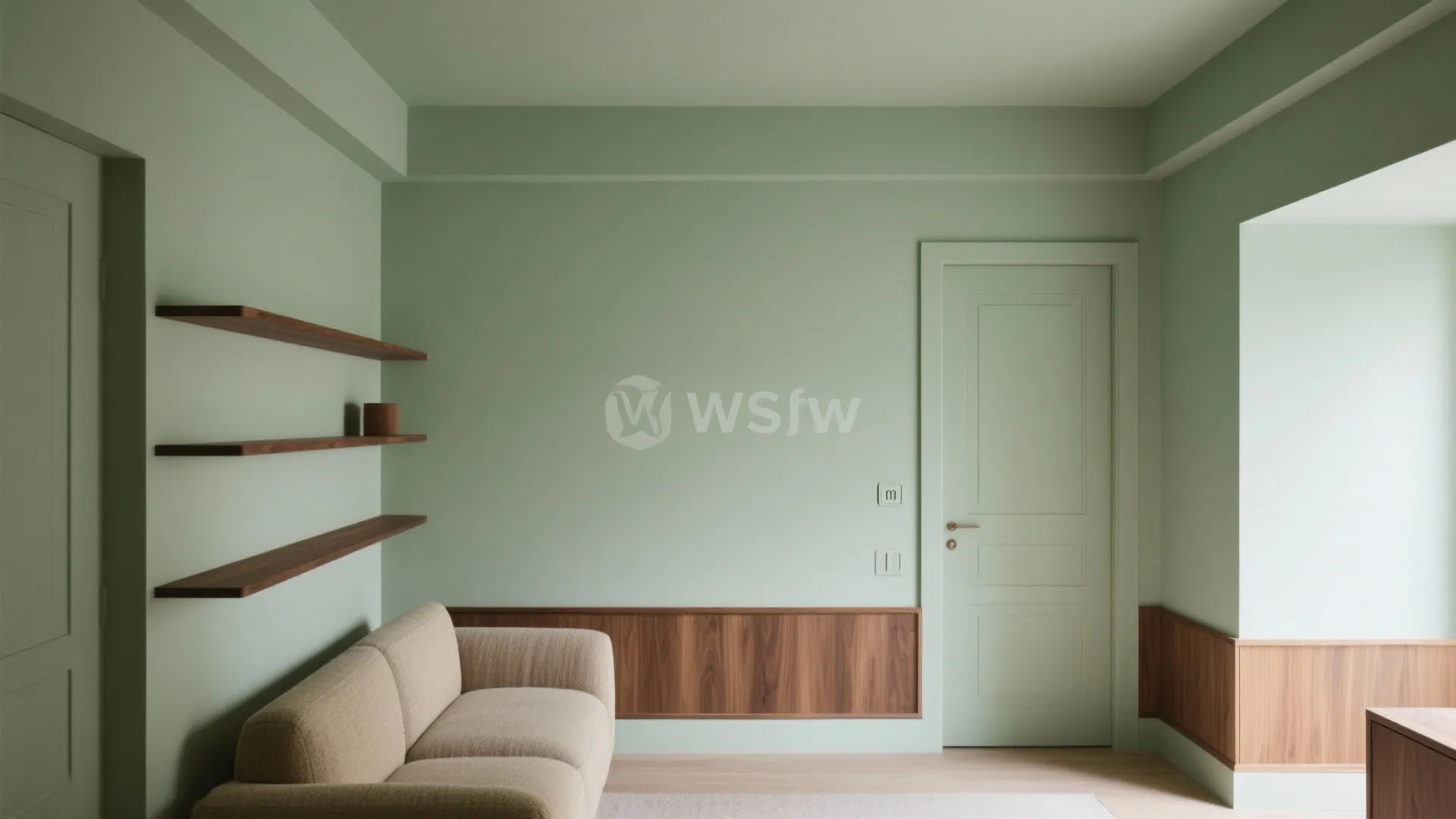 Minimalist sage green room with beige sofa wooden wall panel wall shelves and white door