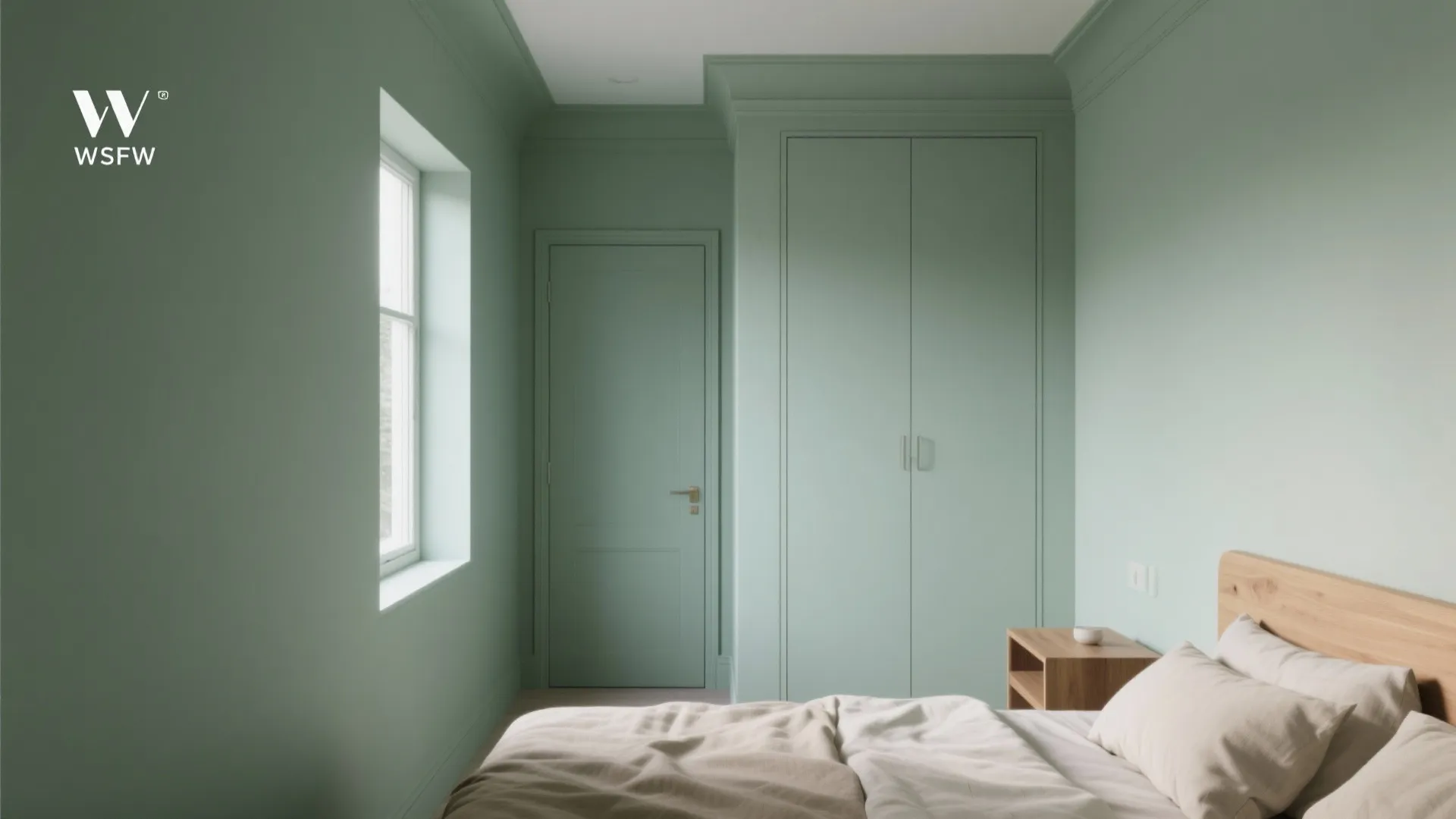 Sage green bedroom featuring matching walls door and cabinet with wooden bed and window light