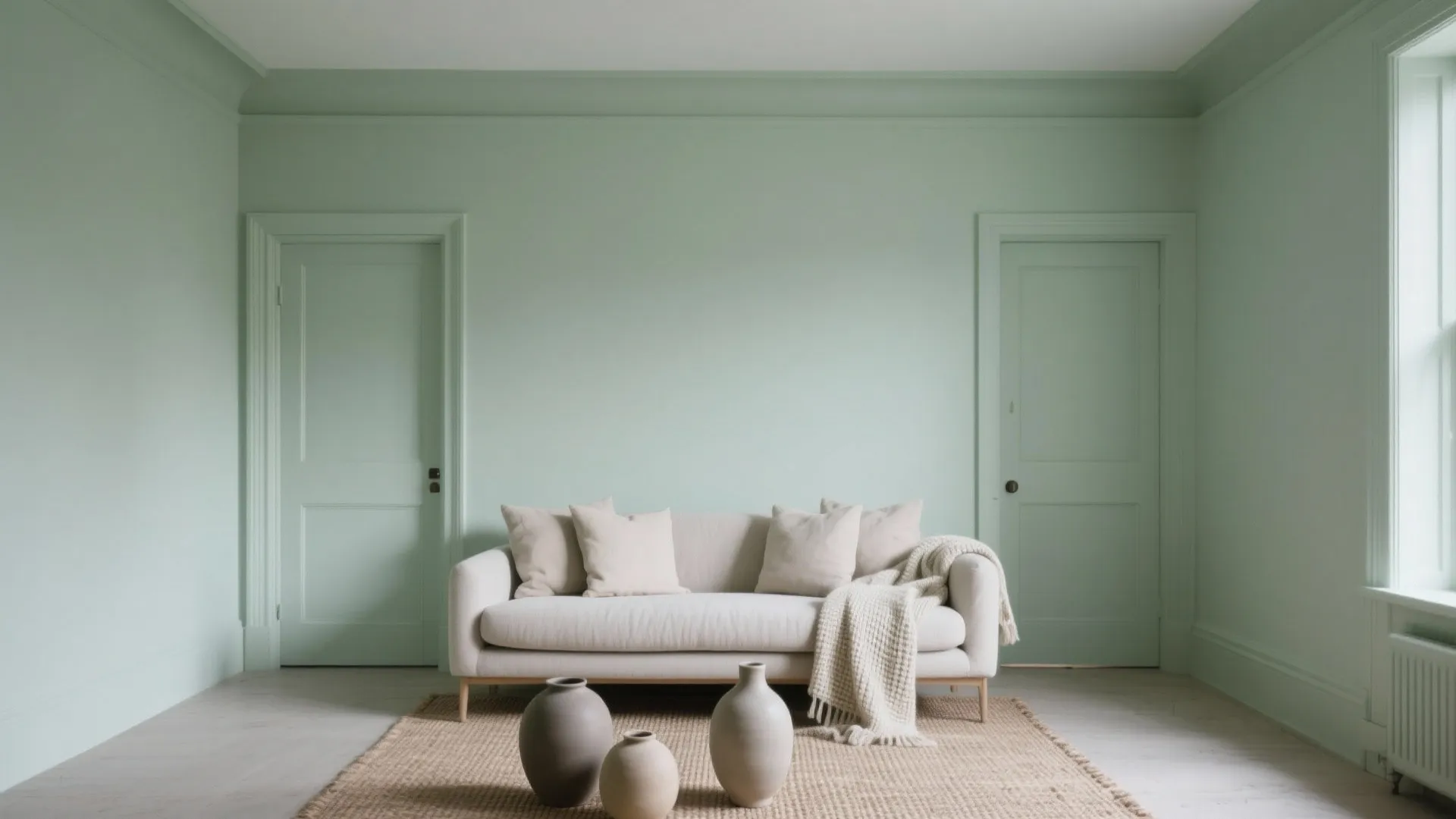 Sage green living room with matching walls and doors, white sofa, pillows, rug and vases
