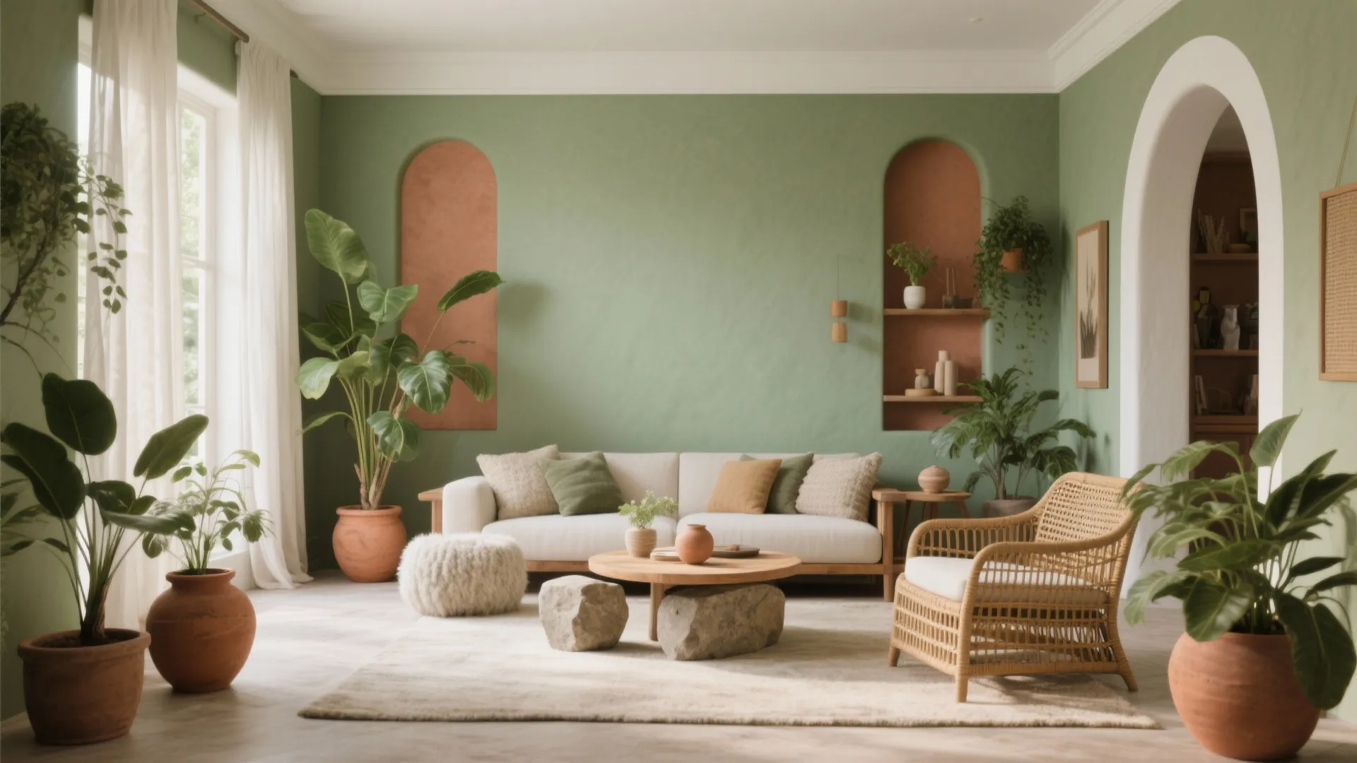 Mediterranean living room with green walls white sofa rattan chair wooden table and many potted plants