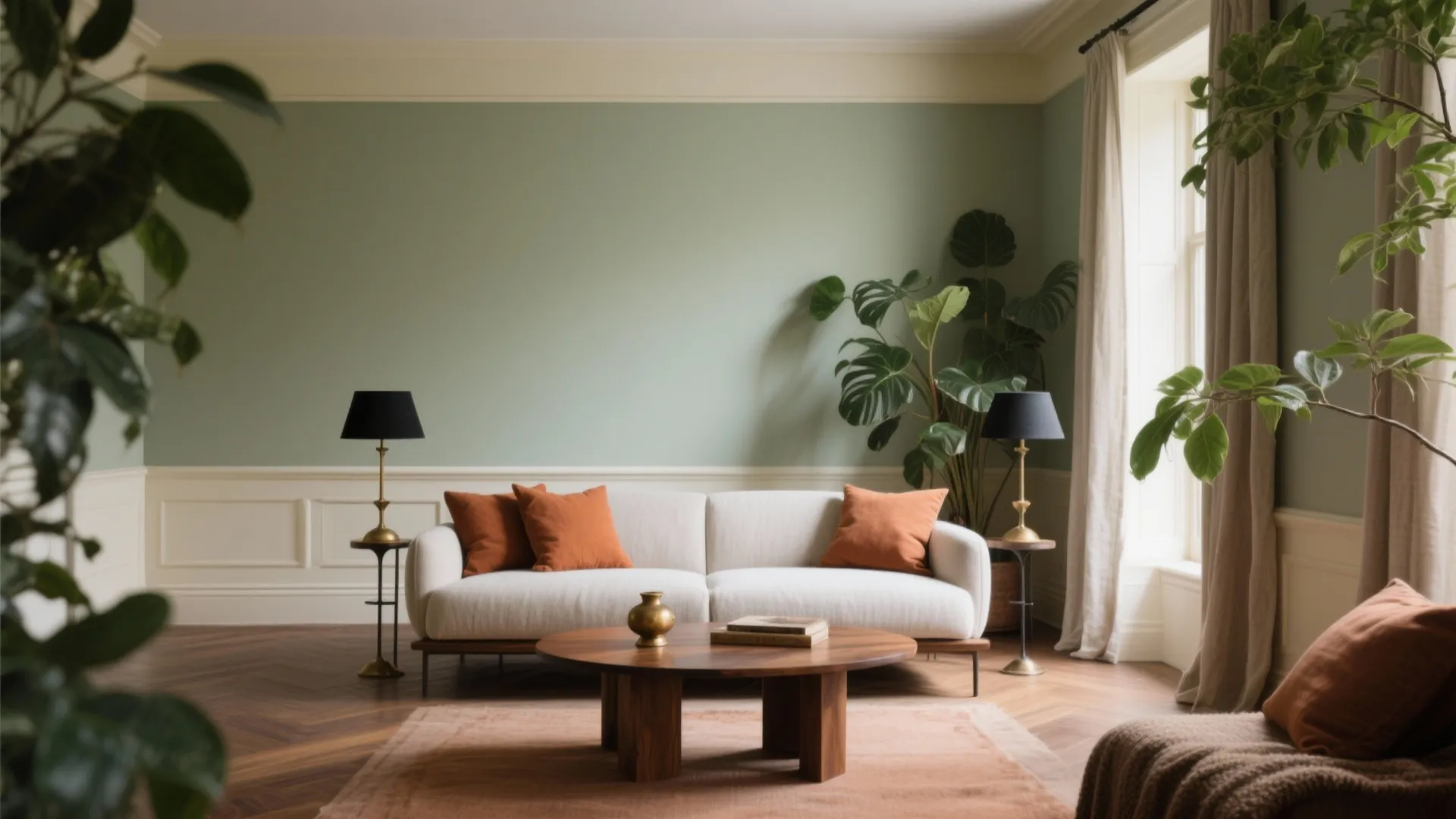 Modern living room featuring sage green walls white sofa wooden coffee table and indoor green plants