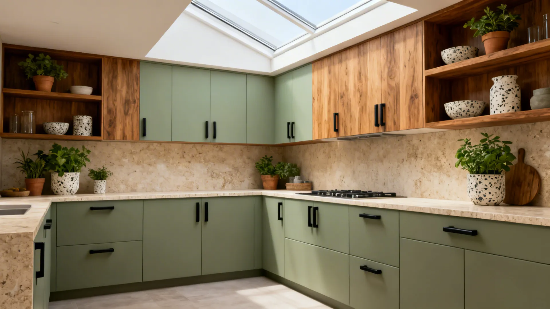 Sage green slab cupboards with travertine-look counter and matte black pulls under skylight daylight.