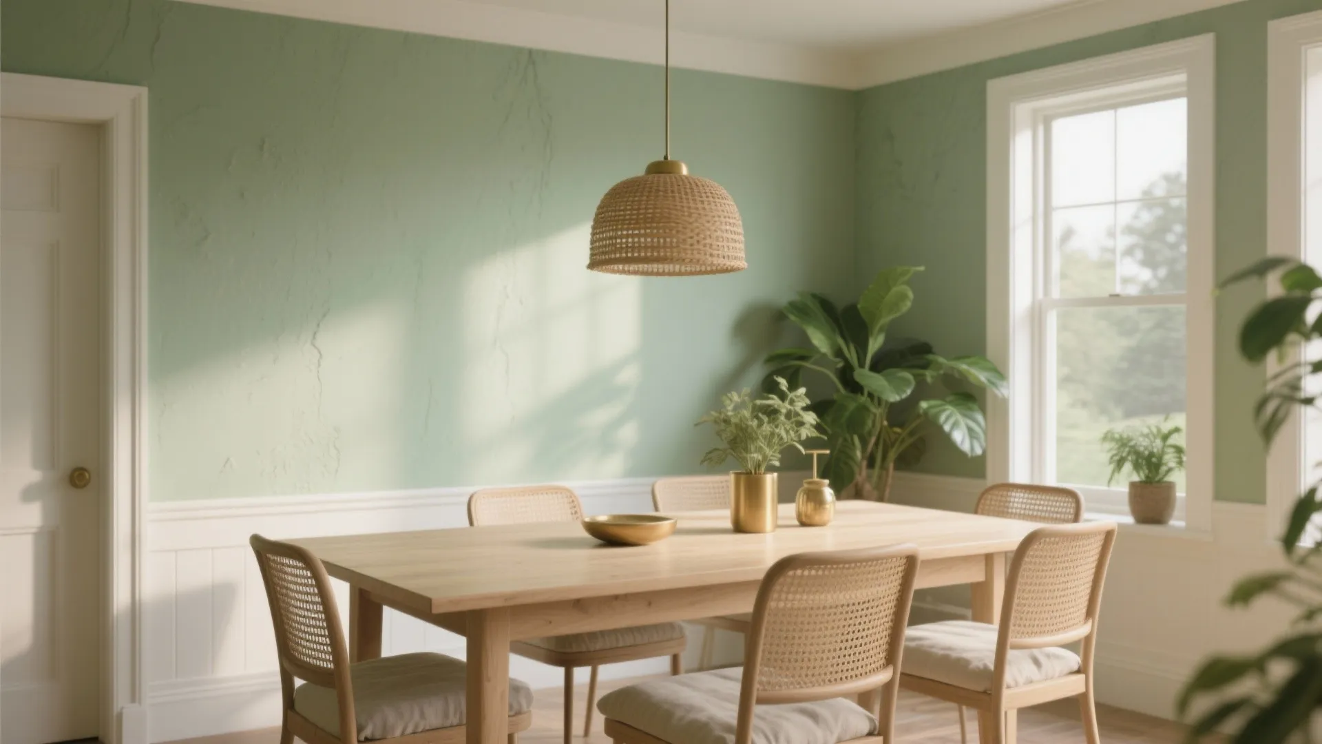 Dining room with sage green walls wooden table woven chairs and a woven straw ceiling light