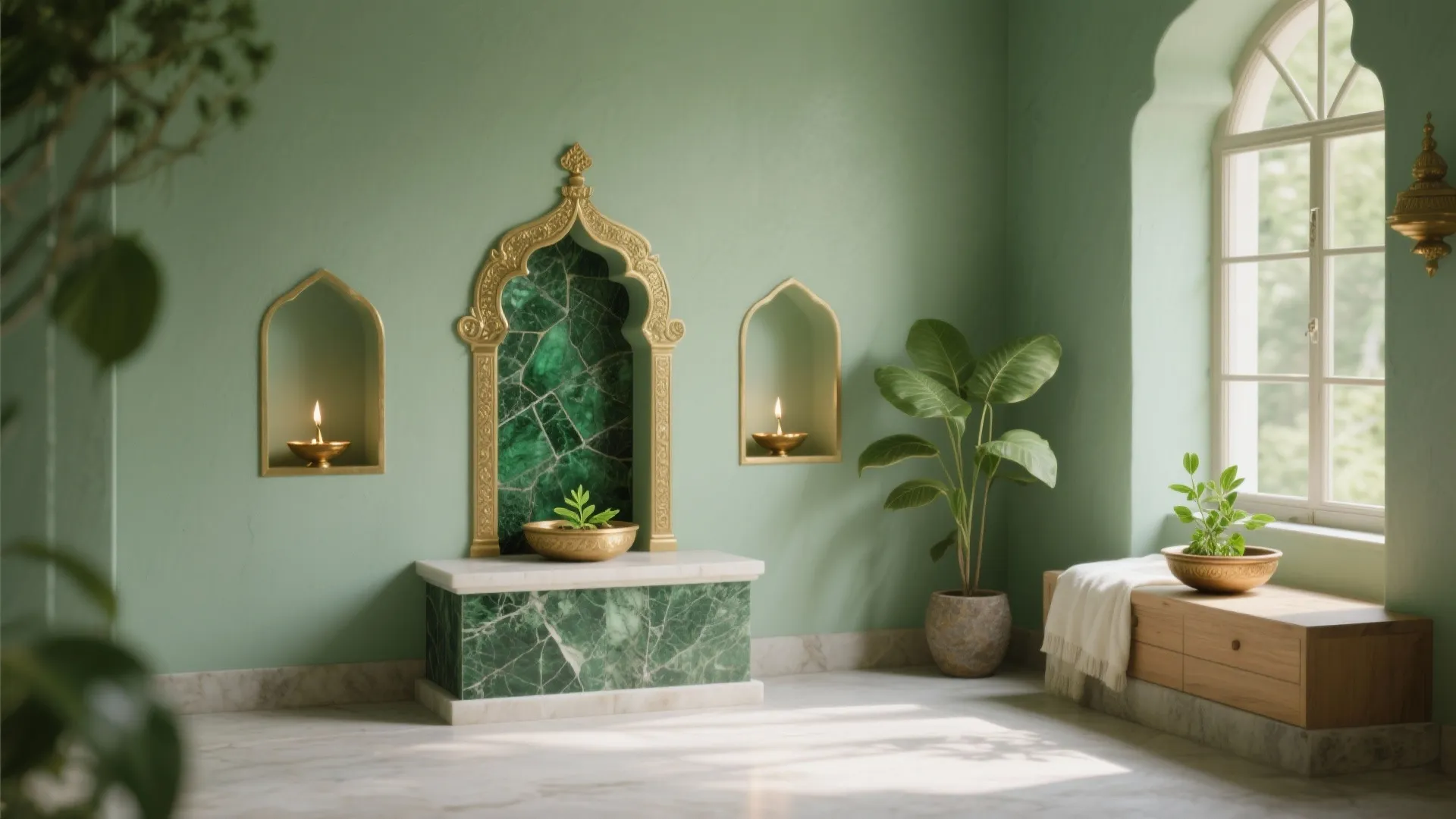 Sage green room with emerald marble altar golden wall lights green plants and large white windows