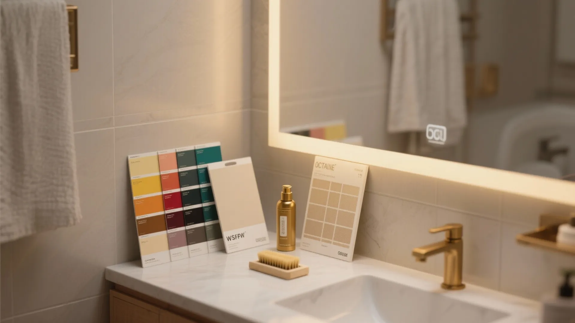 Bathroom vignette with paint cards, brass care kit and peel-and-stick sample illustrating FAQ points
