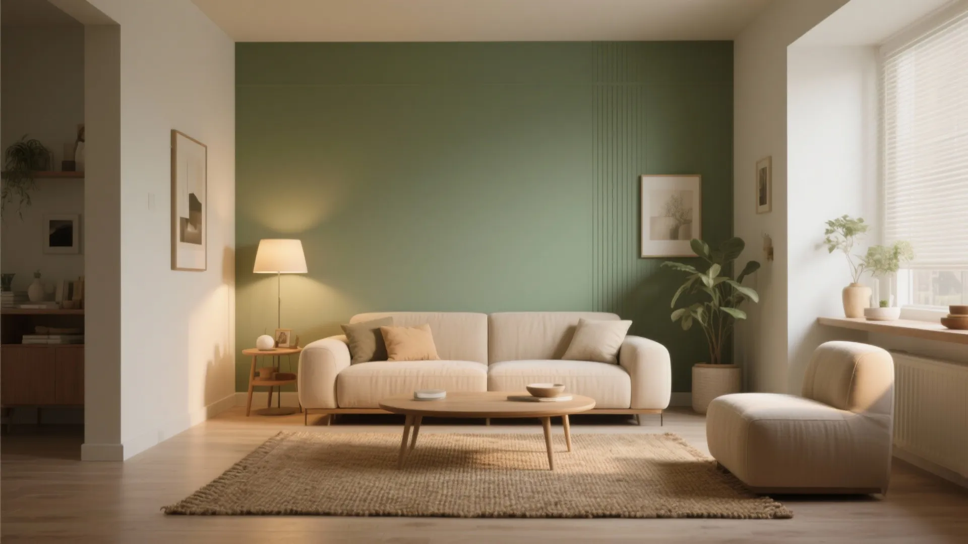 Minimalist living room with sage green wall white sofa jute rug floor lamp and large window