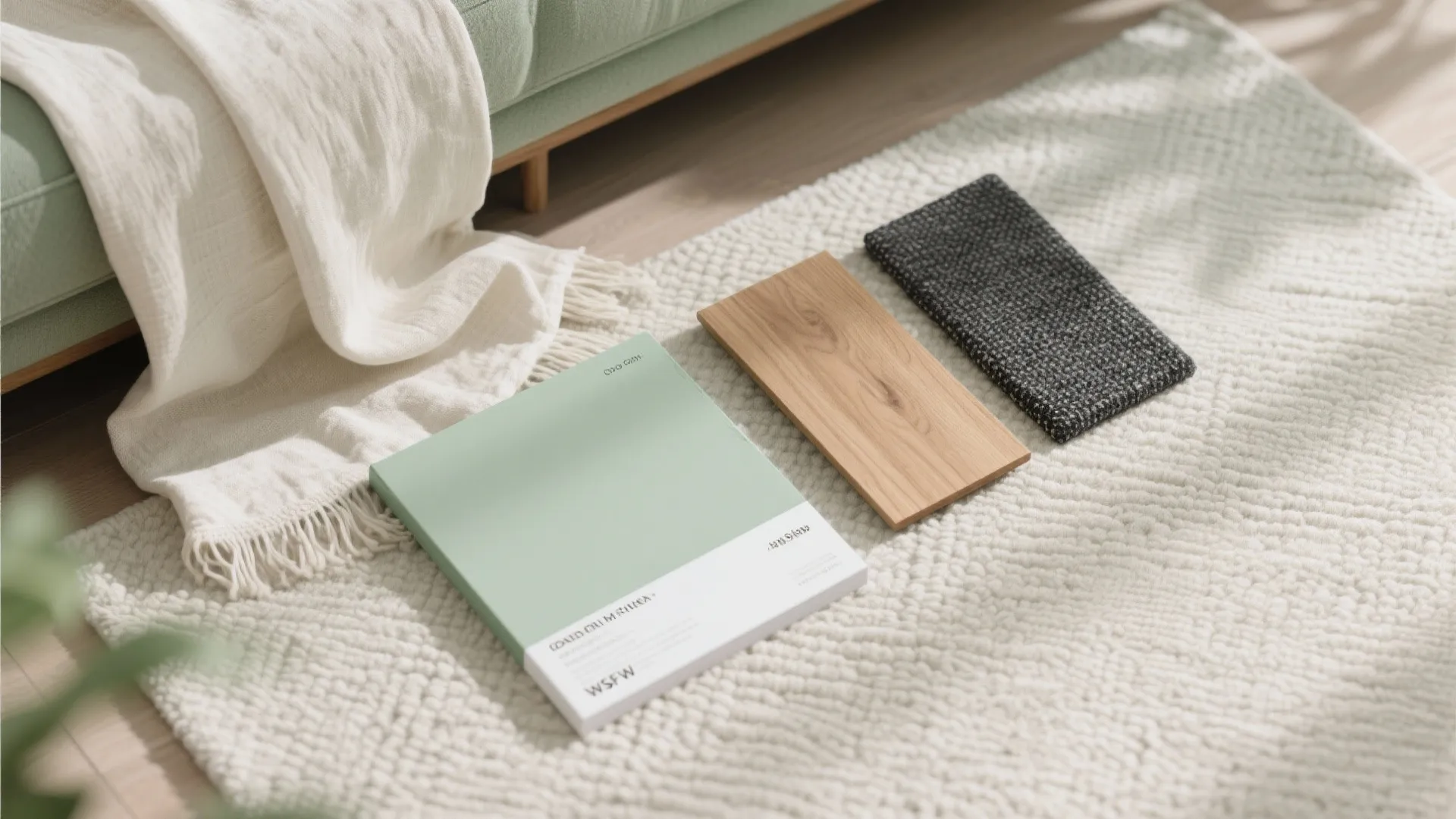 Interior design material samples including green paint tile, wood plank, and fabric on white rug