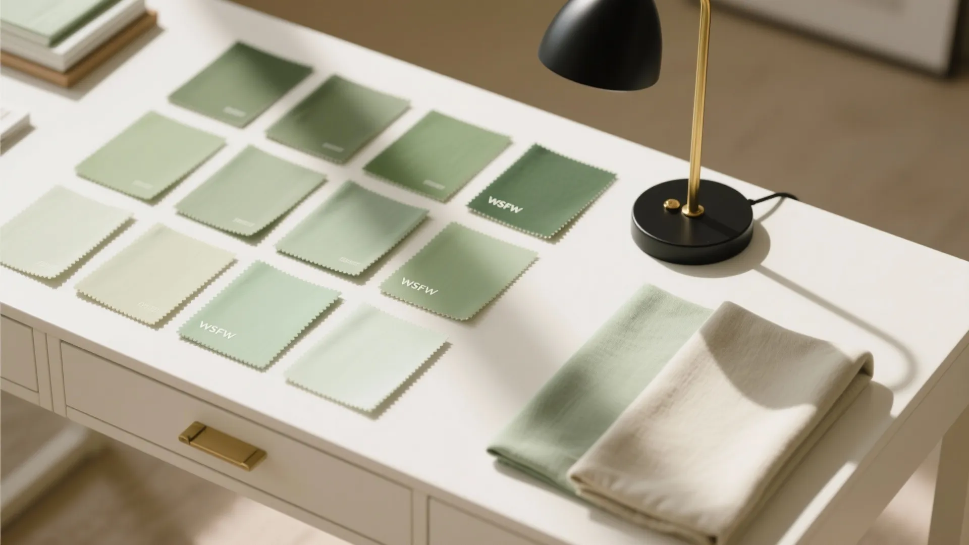 Green fabric samples and black desk lamp arranged on a white desk with golden drawer