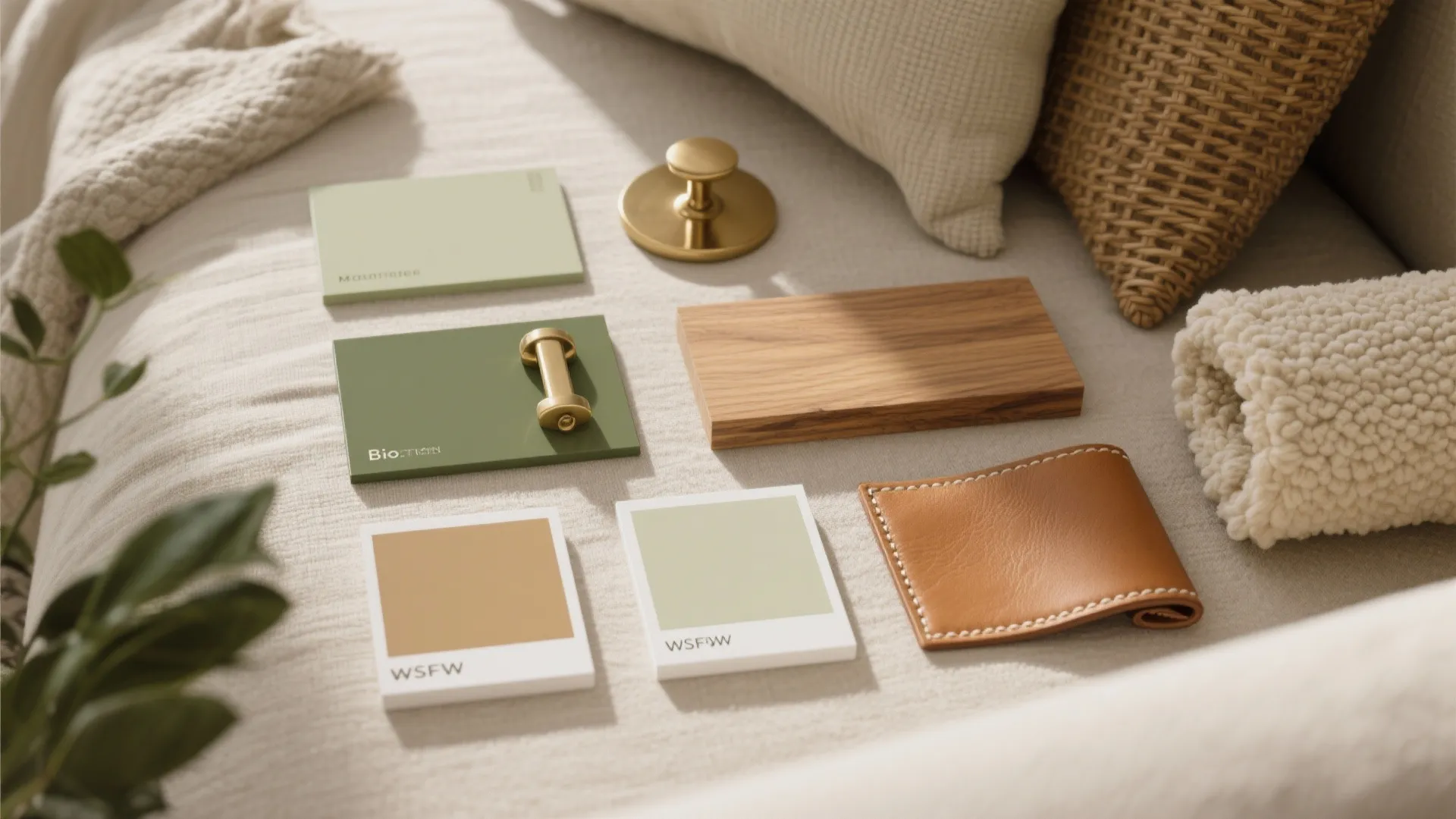 Interior design mood board with green color swatches wooden blocks leather samples and gold handles