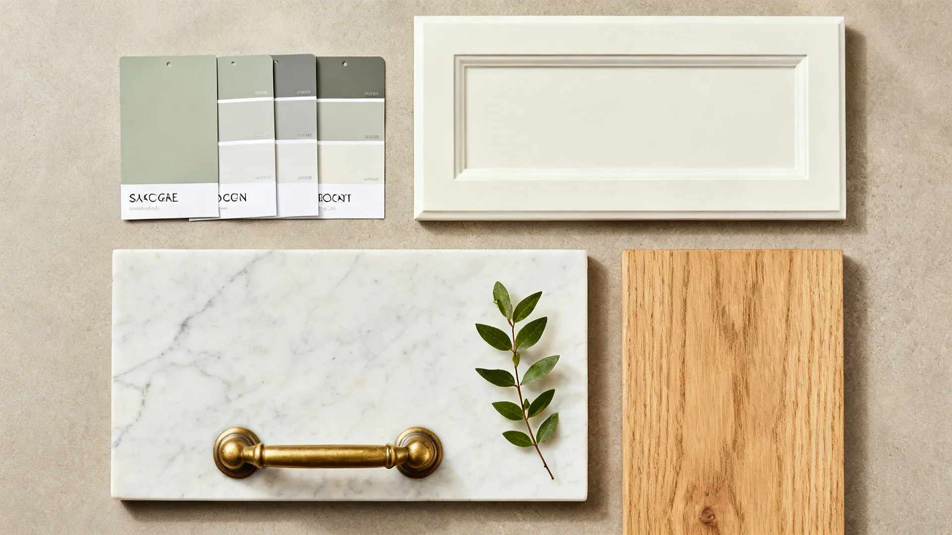 Top-down flat lay with sage paint swatches, warm white, quartz, oak, and brass hardware.