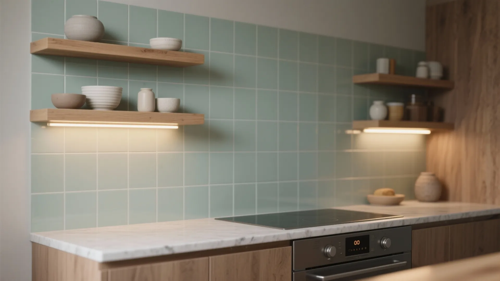 1. Soft Sage Full Backsplash