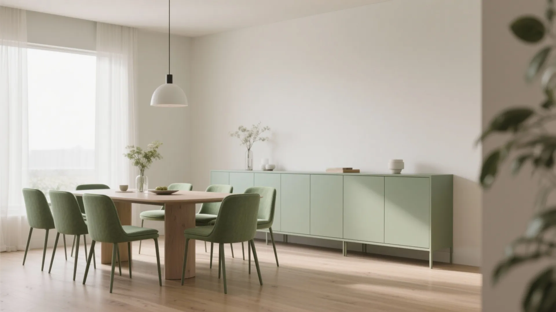 Neutral dining room with sage chairs and buffet