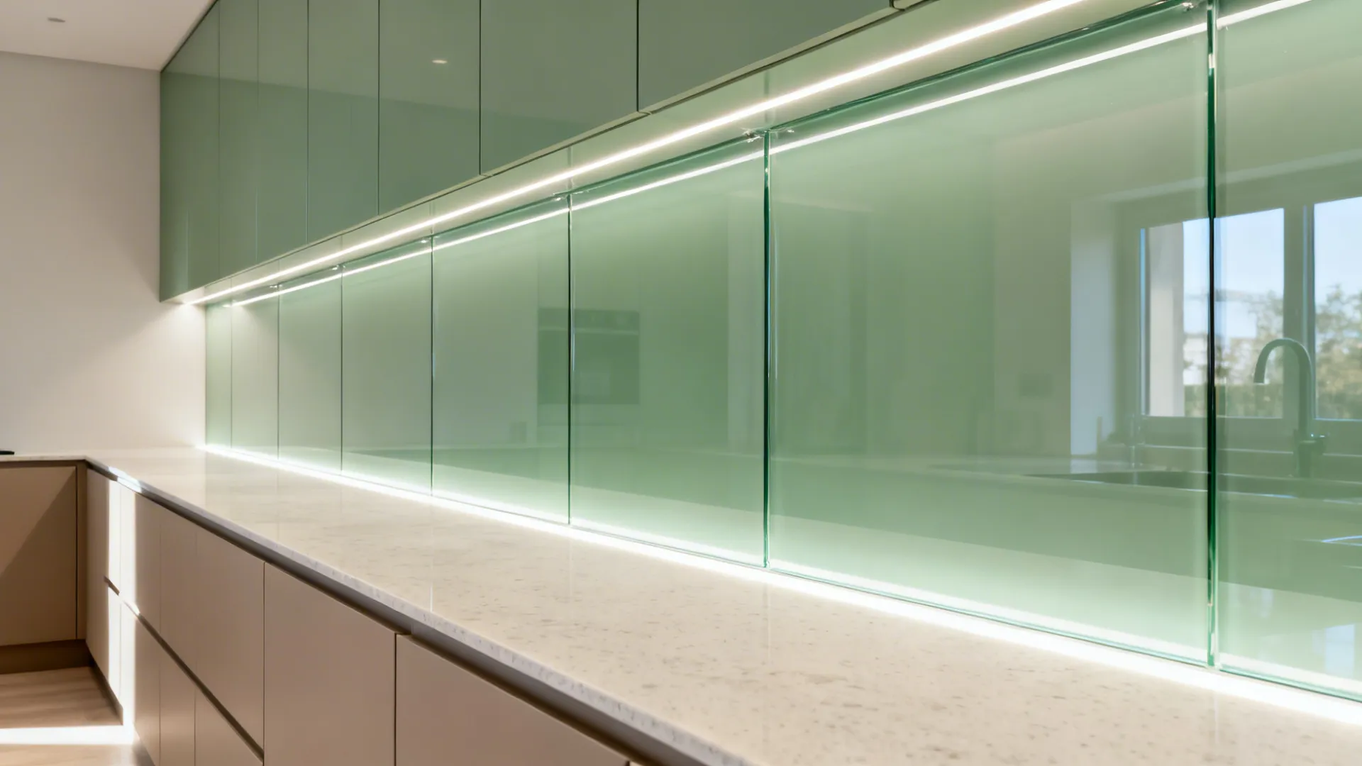 Glossy glass backsplashes for easy cleanup