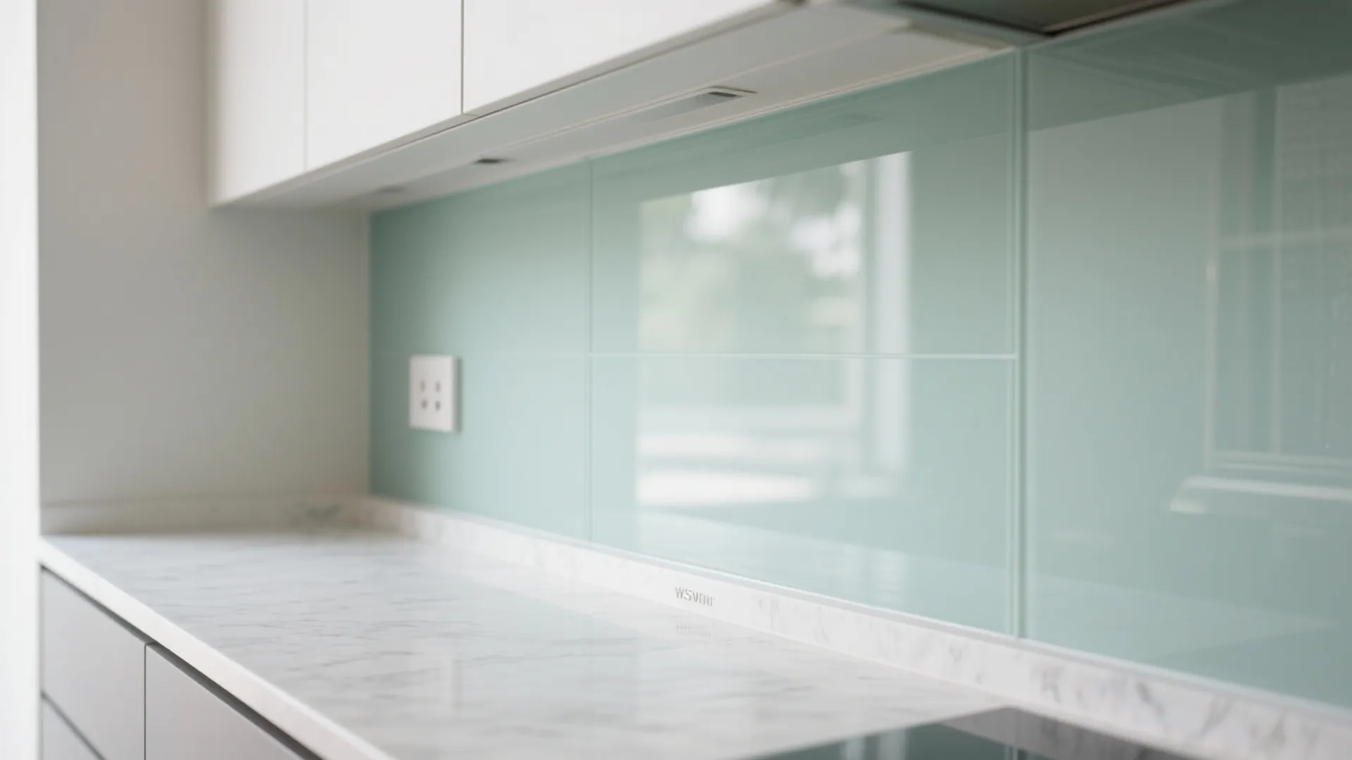 Macro of pale sage back-painted glass backsplash with white quartz counter in soft daylight.