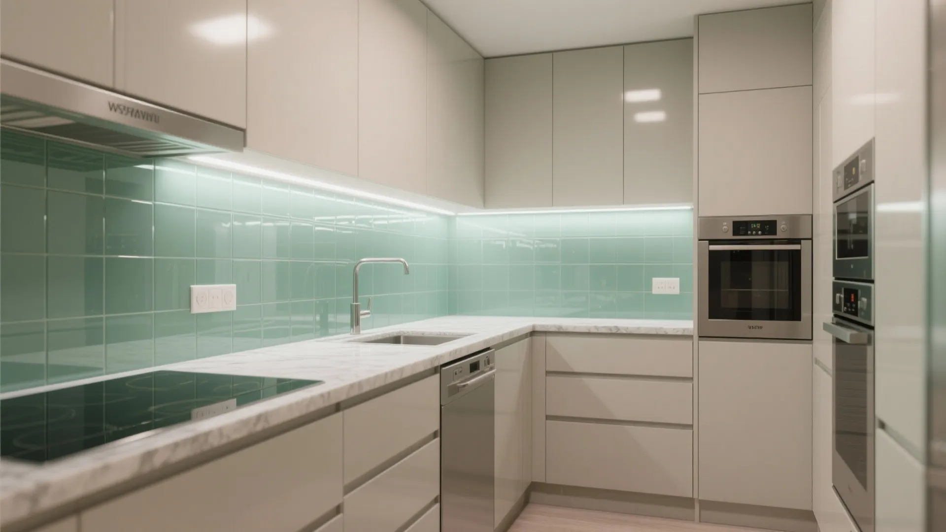 Glass backsplash for light and depth