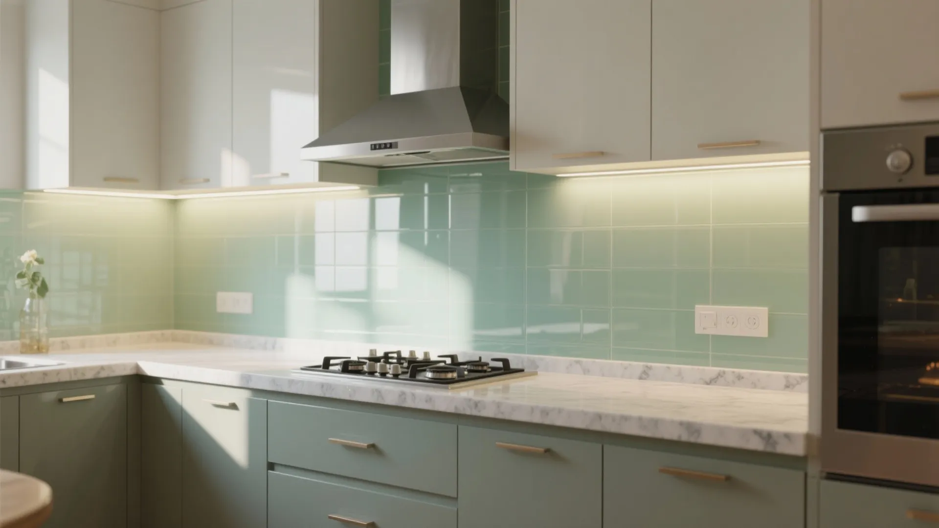 Glass backsplash for airy light and easy cleanup