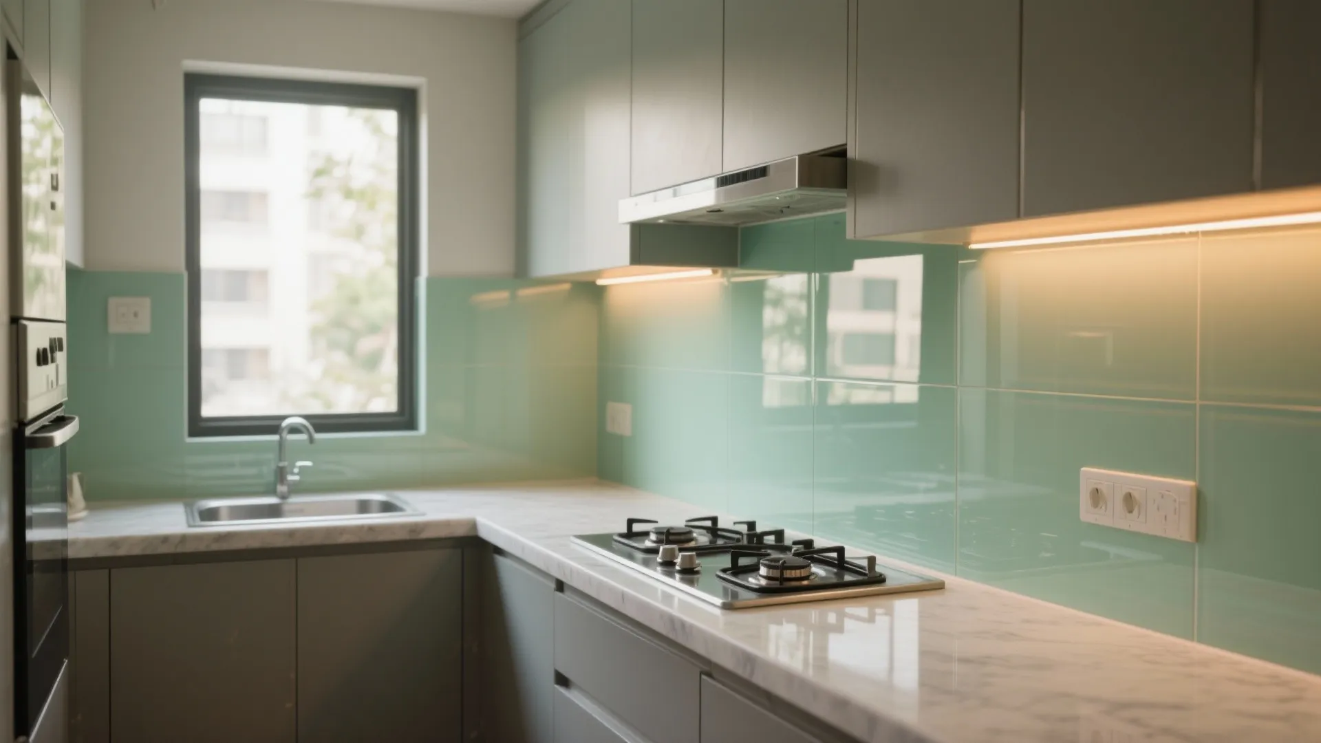 Modern kitchen with green glass wall tiles grey cabinets white marble counters and a gas stove