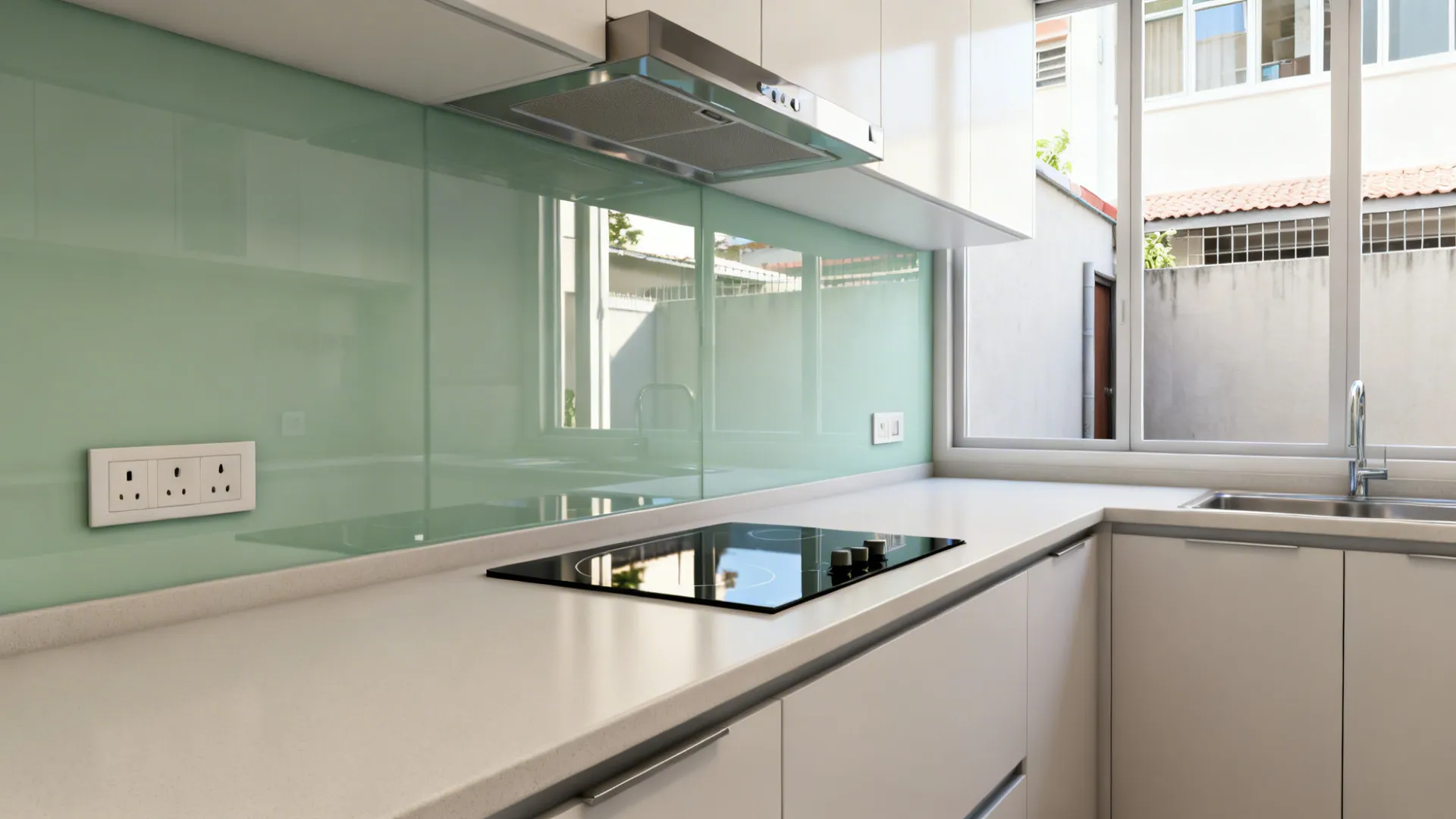 HDB kitchen with soft sage tempered glass backsplash reflecting daylight and pale counters.