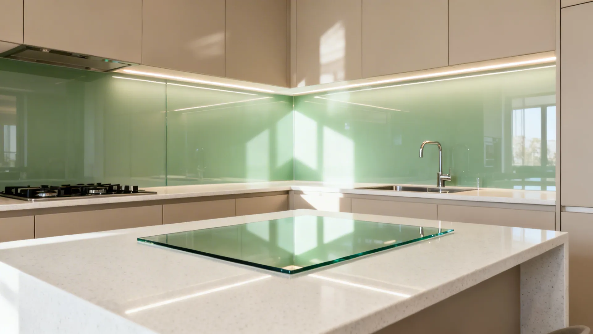 Modern kitchen interior with sage green glass wall panels white stone countertops and a faucet
