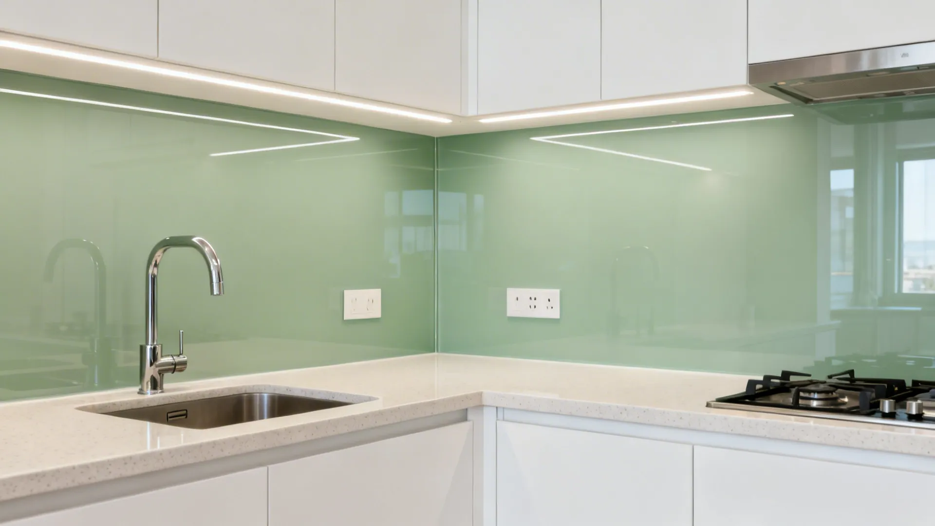 Compact kitchen with sage green back-painted glass backsplash and clean modern cabinetry.