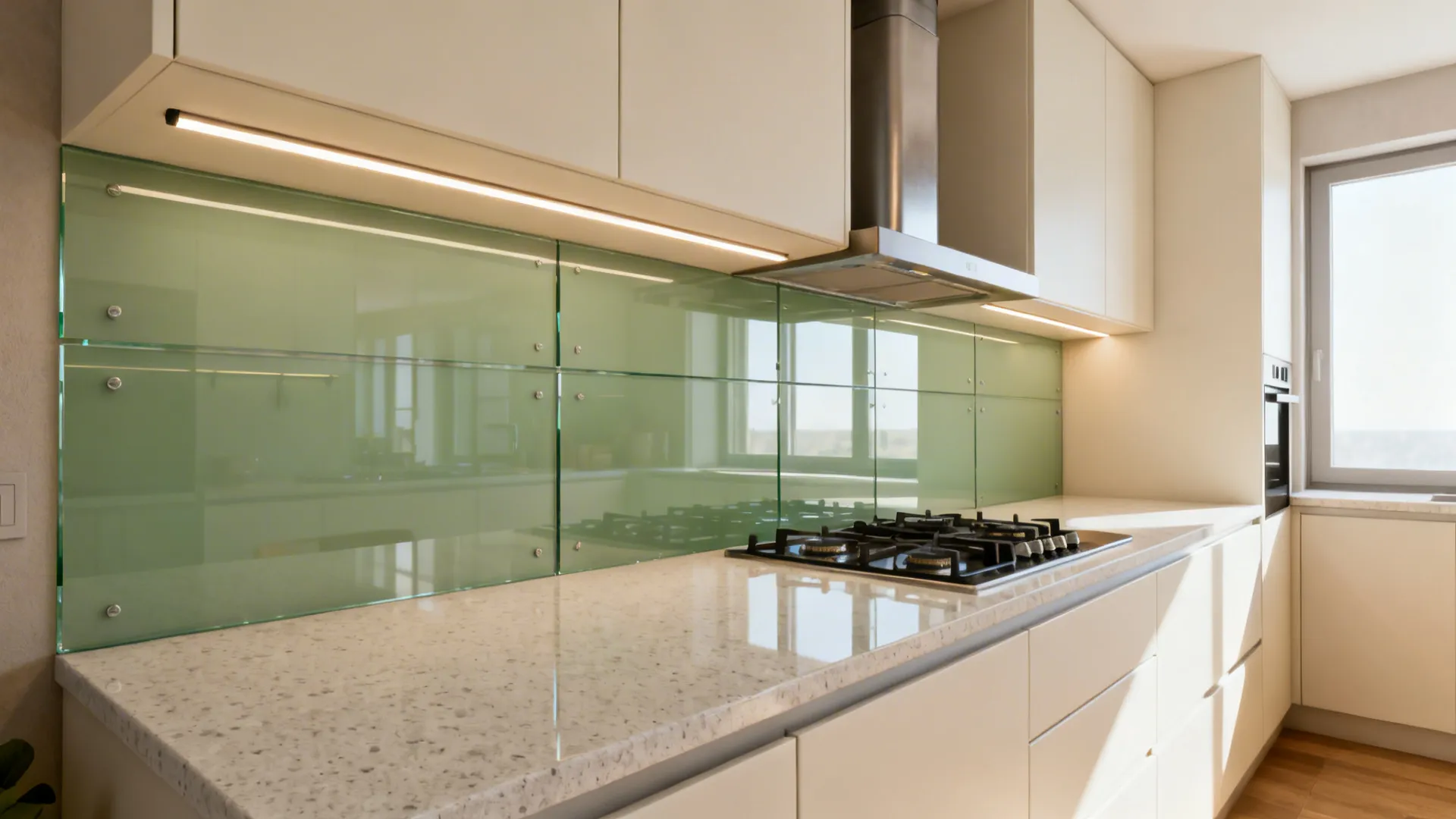 Soft sage low-iron glass backsplash reflecting light in a compact Pune kitchen.