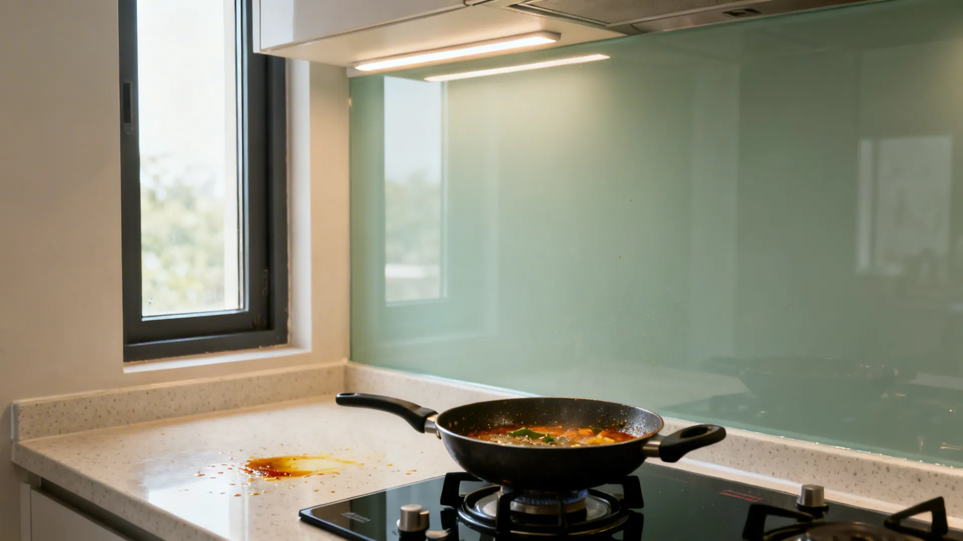 Sage low-iron tempered glass backsplash reflecting daylight and under-cabinet LEDs