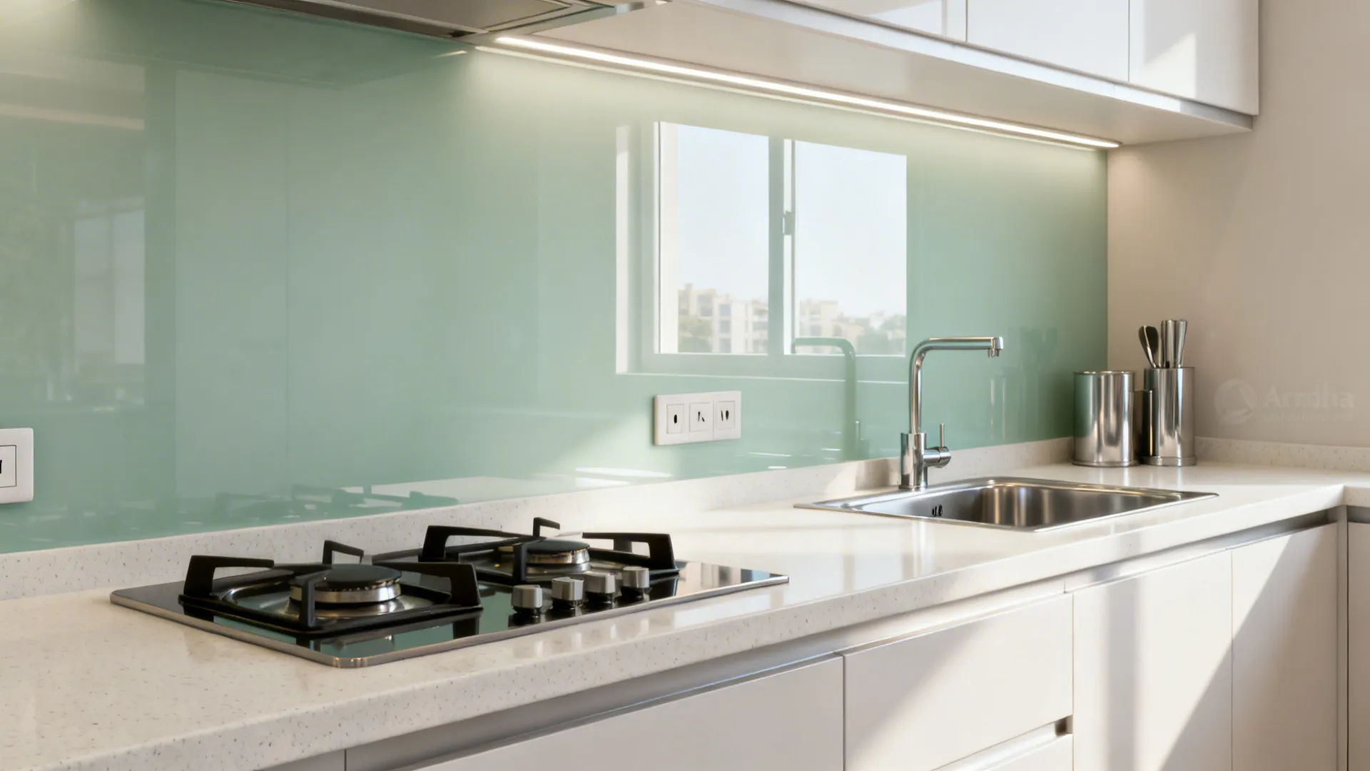 2) Glass backsplash to brighten humid climates