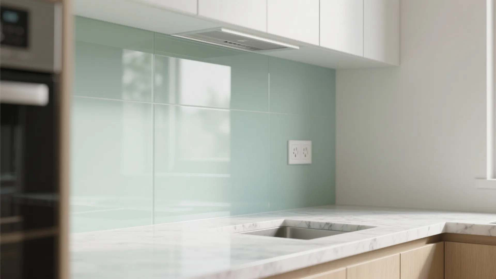 Glass backsplash and reflective finishes to bounce light