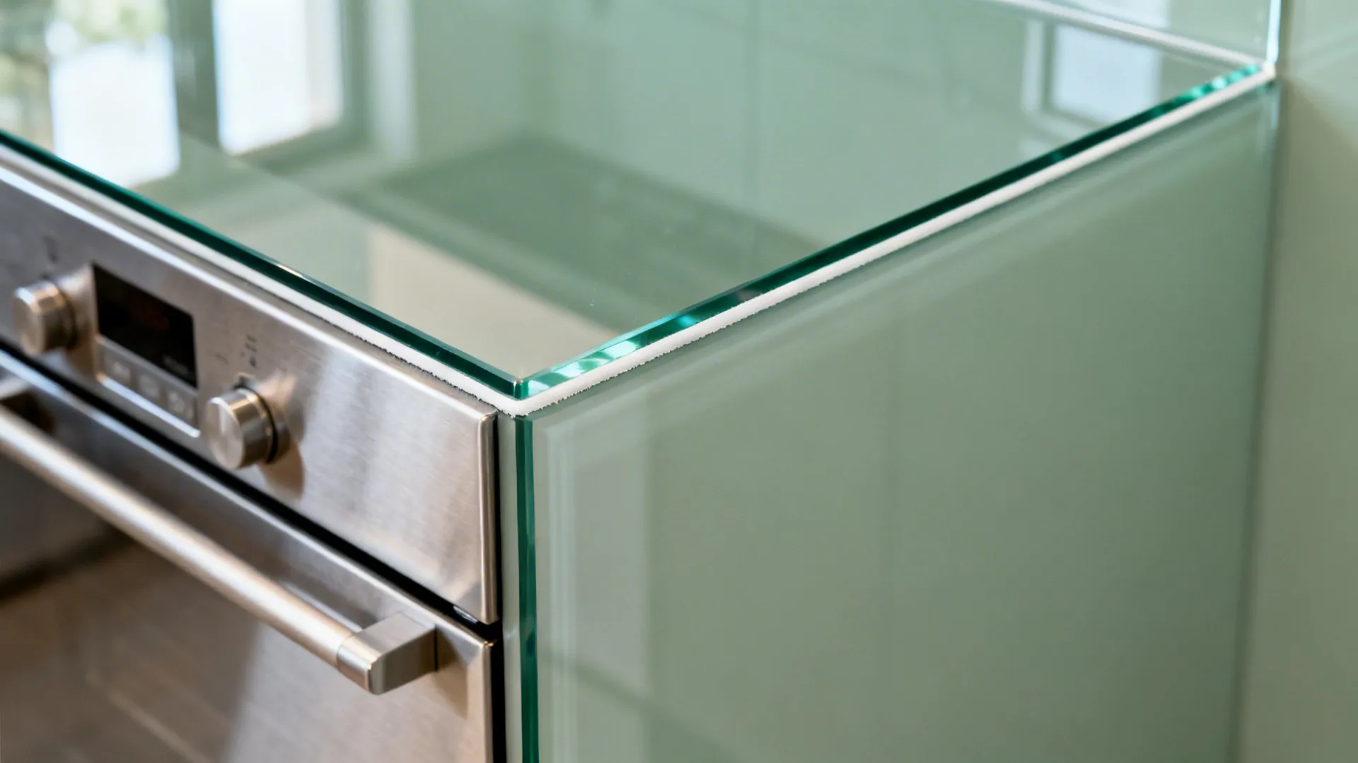 Macro edge detail of low-iron sage green glass splashback with clean finish.