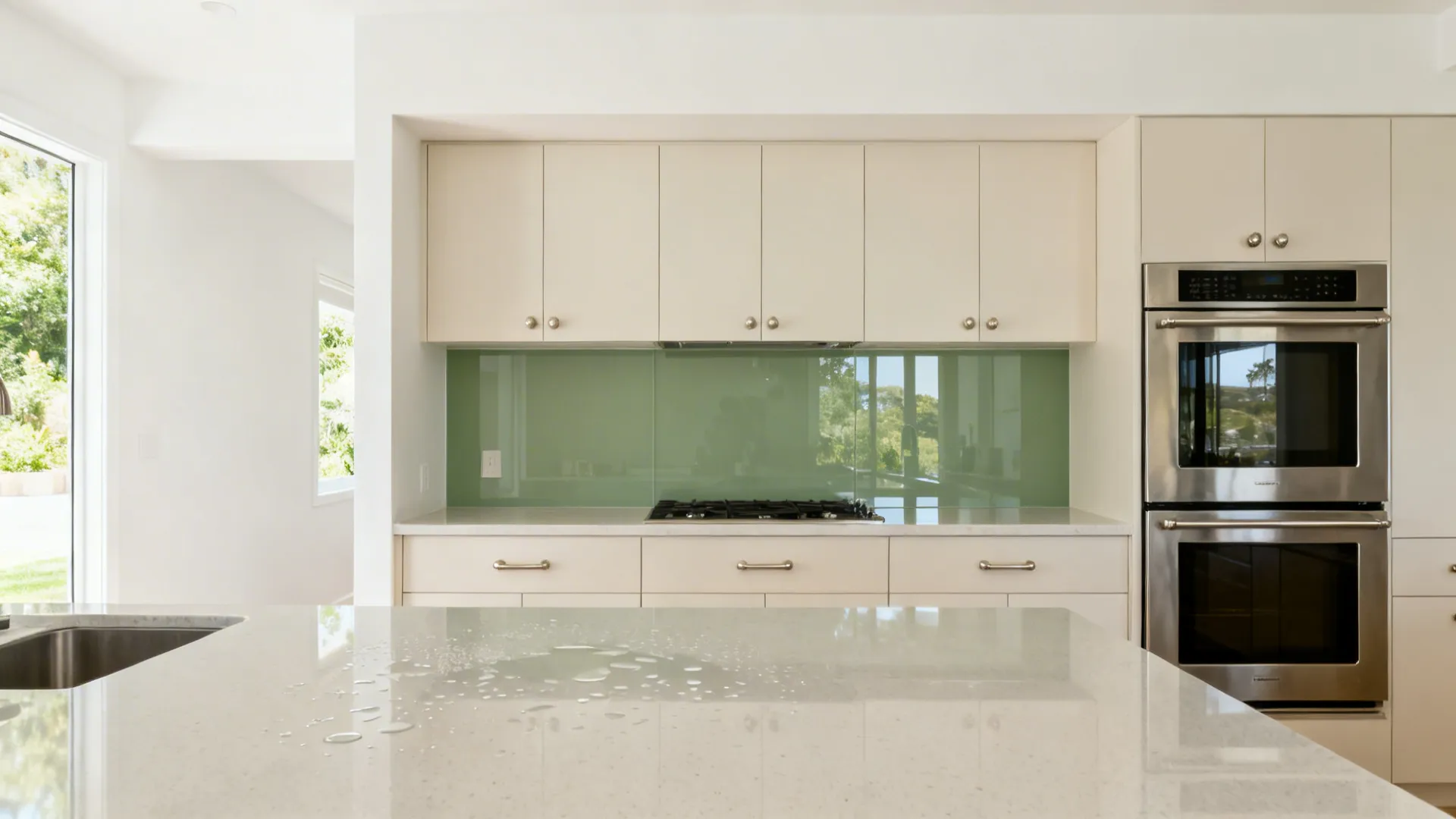 Compact galley with low-iron sage green glass splashback reflecting soft daylight.