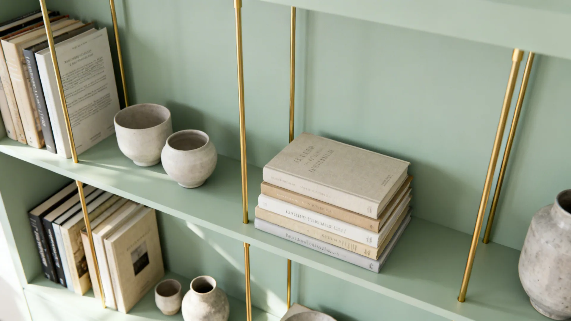 Pale sage wall with open shelving supported by slim gold brackets and curated objects
