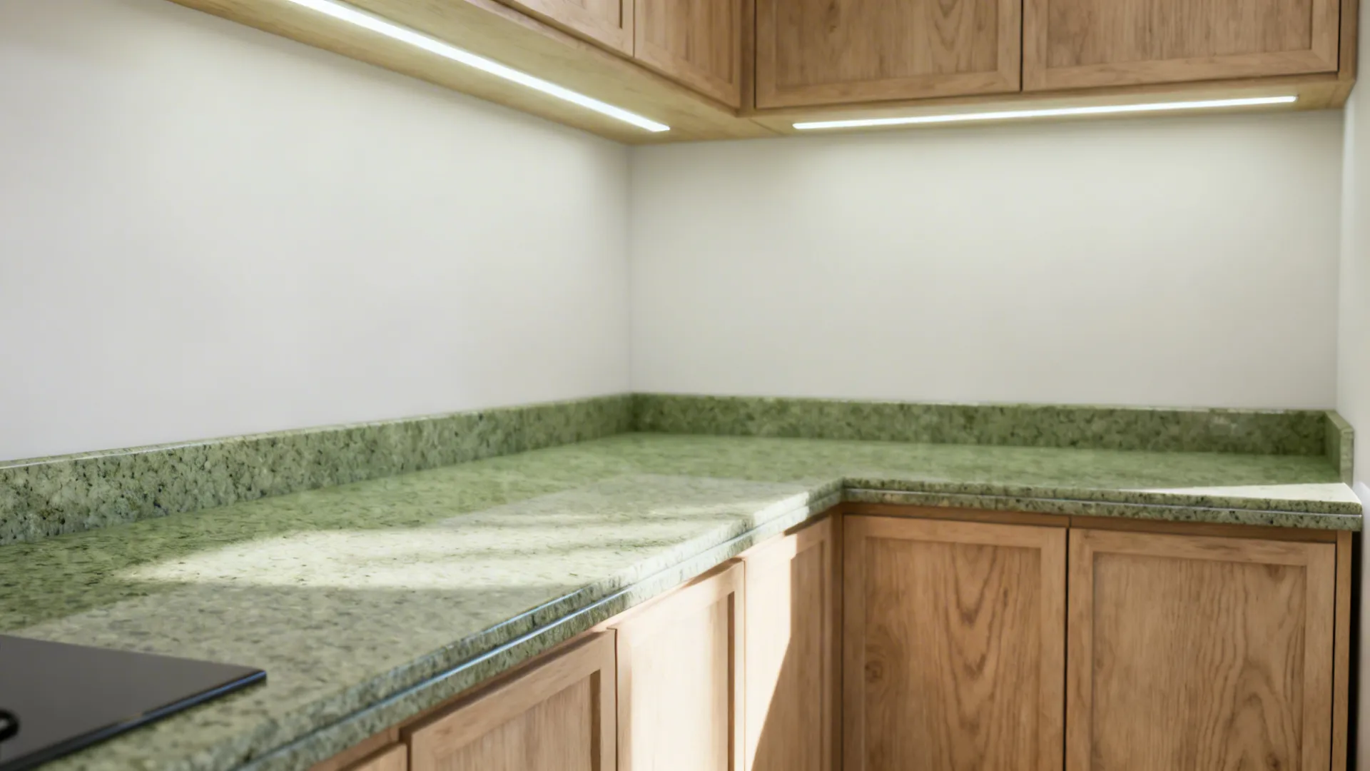 Close-up of green granite kitchen countertop with wooden cabinets and bright under-cabinet light fixtures above