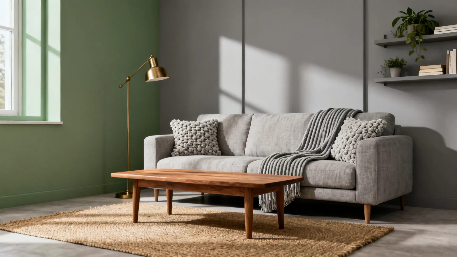 Modern living room with grey sofa wooden coffee table gold floor lamp and green wall