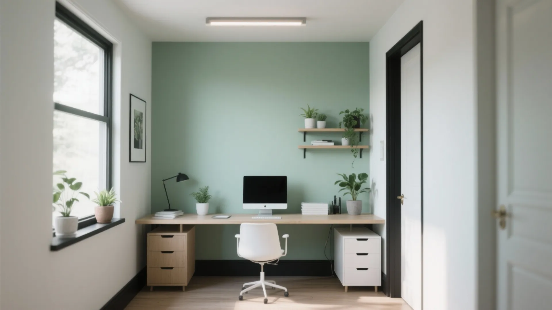 Airy small office with a light sage green wall, minimal plants and contrasting trim for creativity.