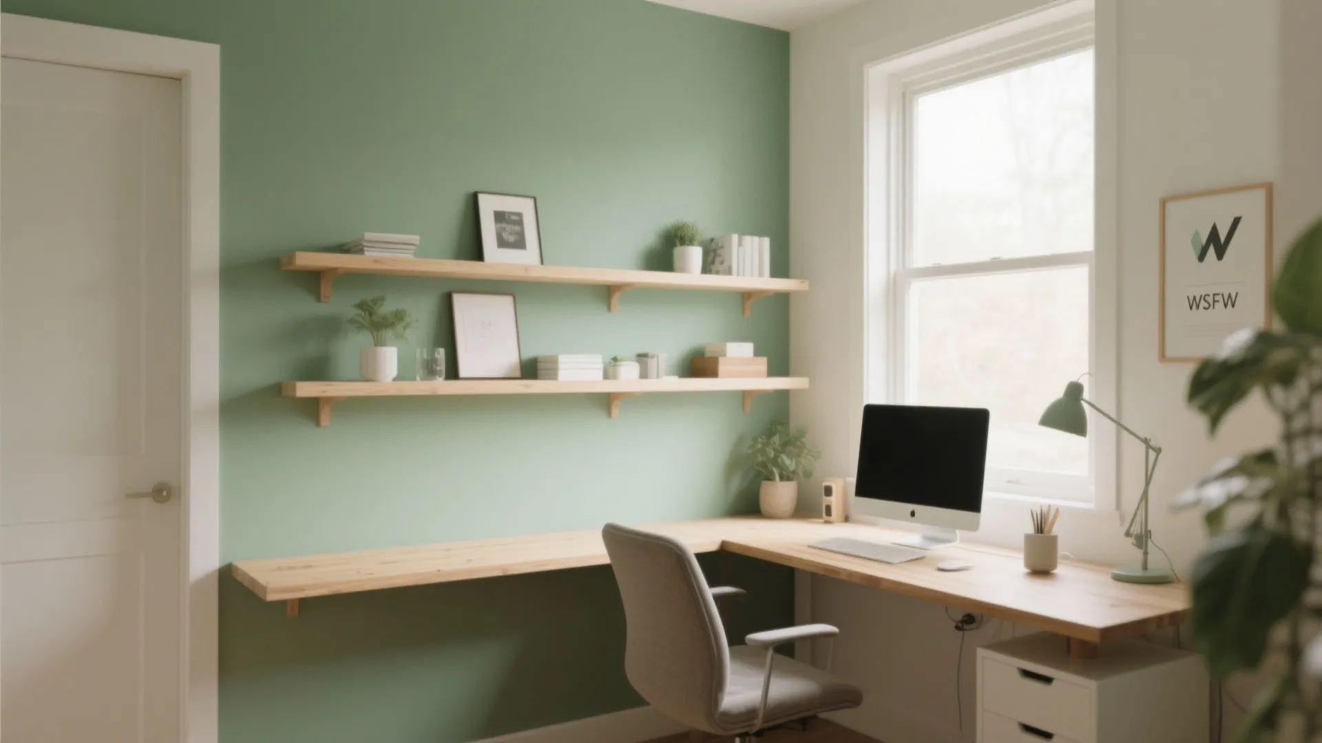 Sage green wall with wooden shelves over corner desk with computer monitor and desk lamp