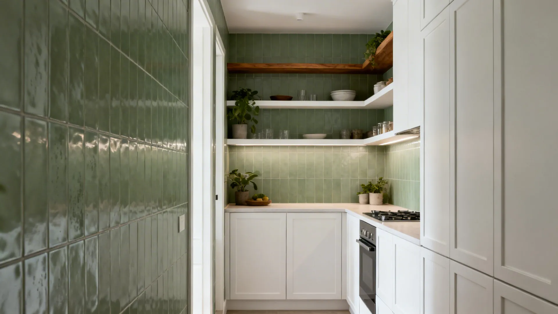 Muted sage satin tile backsplash in a narrow kitchen with white cabinets and oak accents.