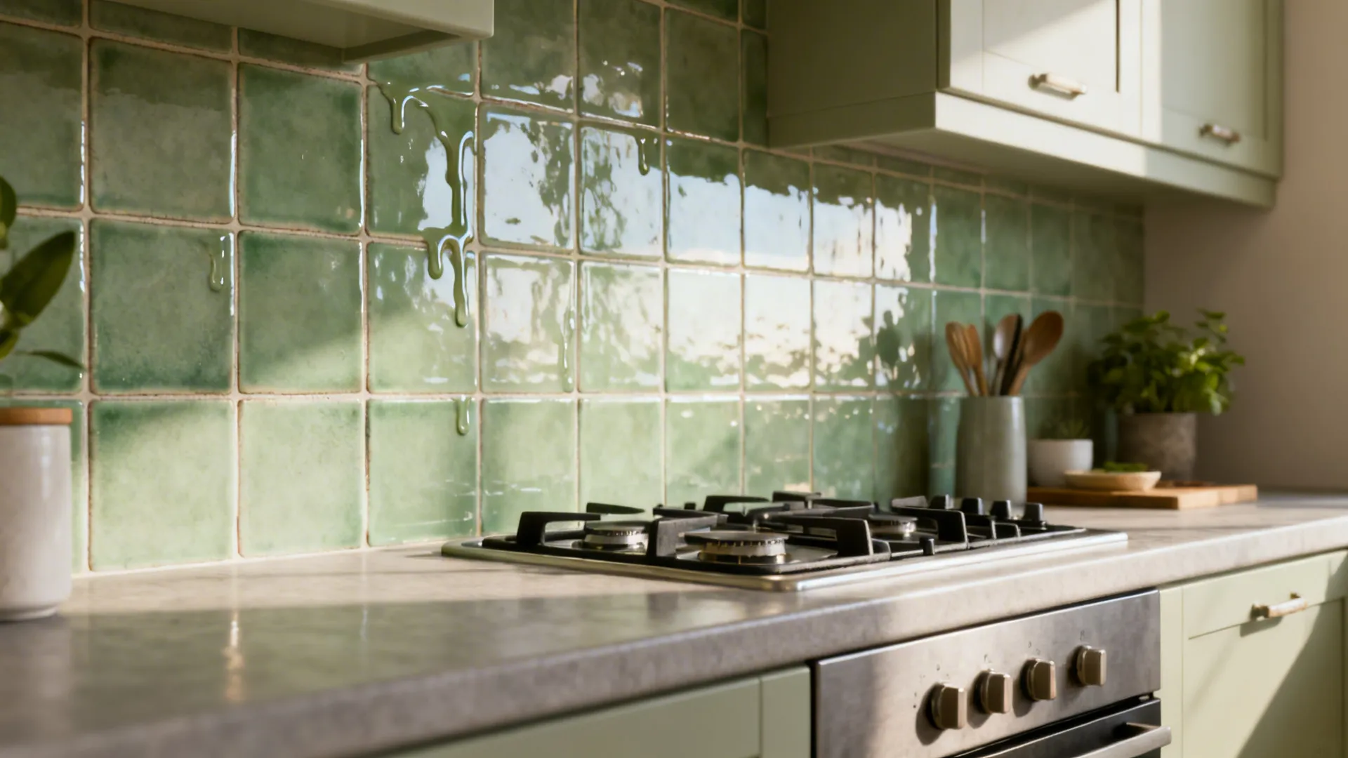 Sage-green zellige backsplash above a compact hob with matte countertop in soft daylight.