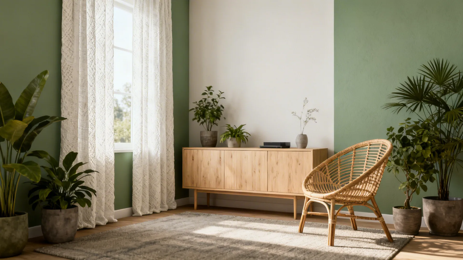 Green living room with wooden cabinet woven chair white curtains and many green potted plants