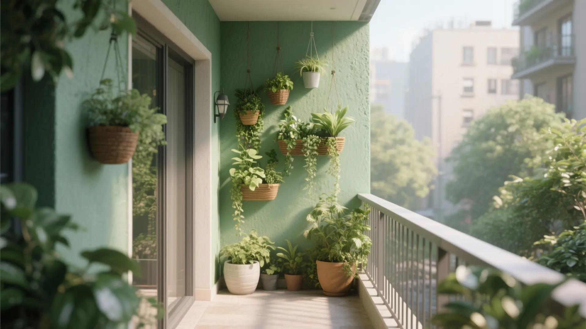 Sage green balcony wall with many hanging green plants and small potted plants on the floor