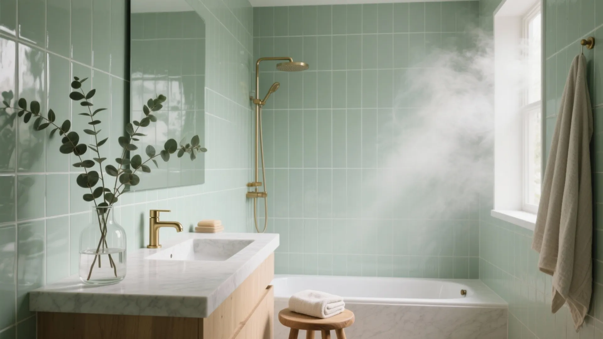 Green tiled bathroom with white bathtub, marble counter, gold shower head, and steam from water