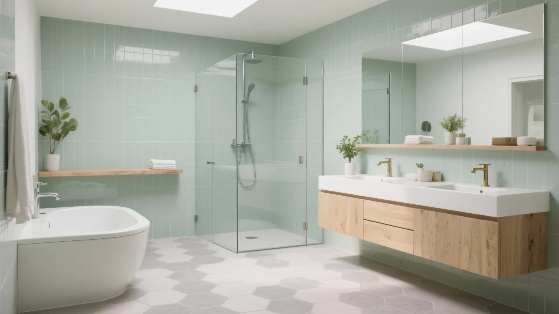 Modern bathroom with sage green tiles, glass shower, wooden vanity, white basins, and hexagon flooring