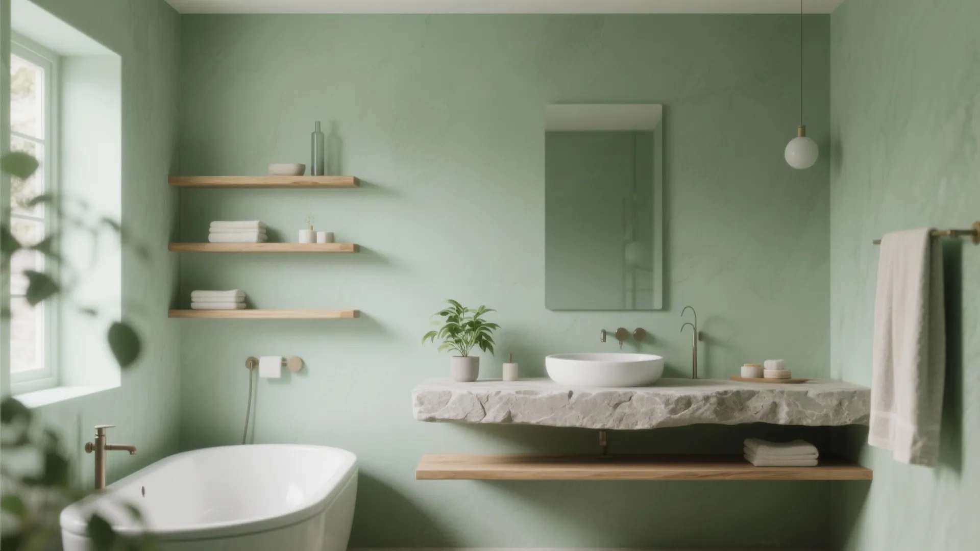 Bathroom painted in muted sage green with wood shelving and plants for a restorative feel.