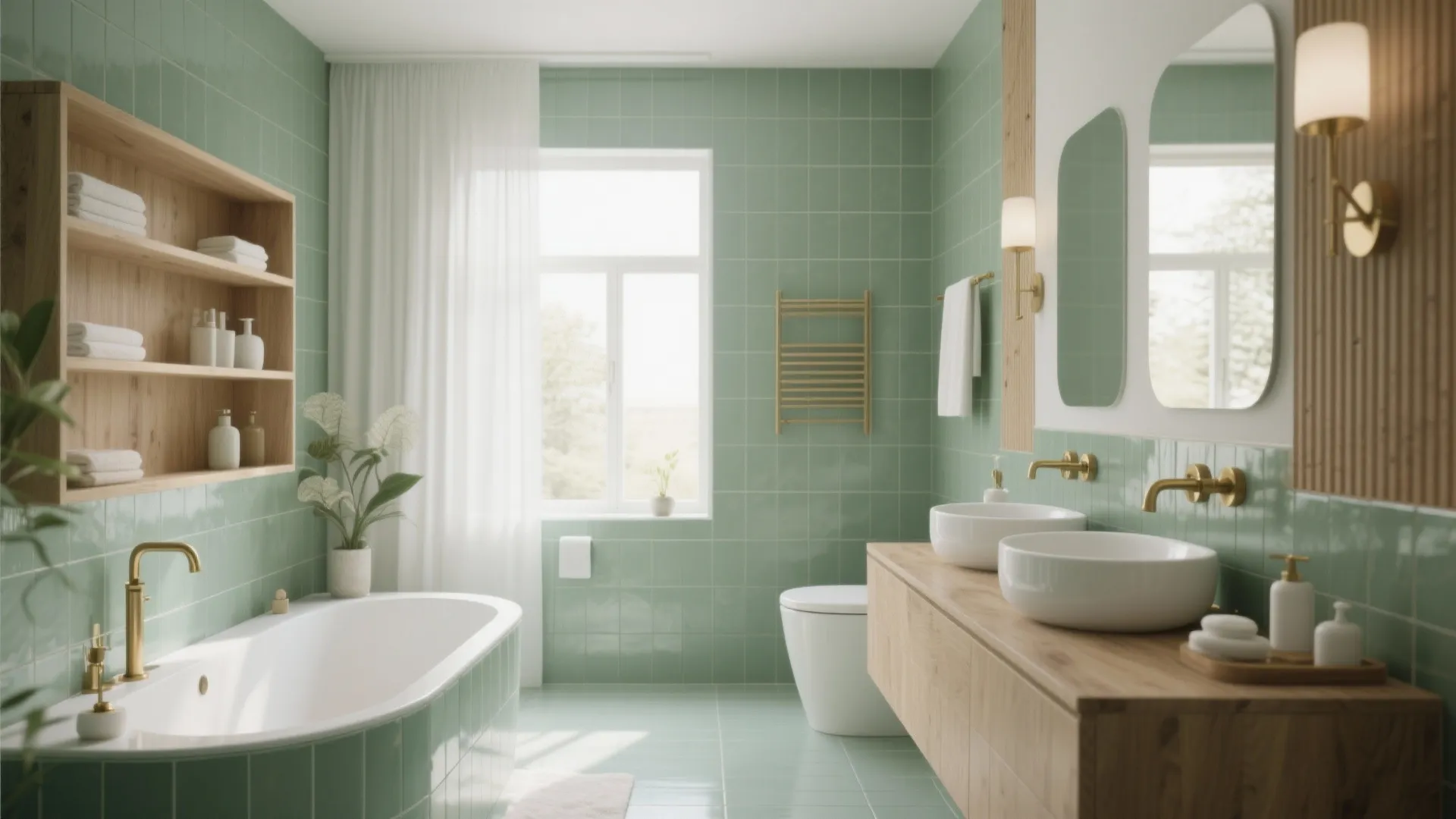 Green tiled bathroom featuring a white bathtub wooden cabinet double sinks and gold light fixtures