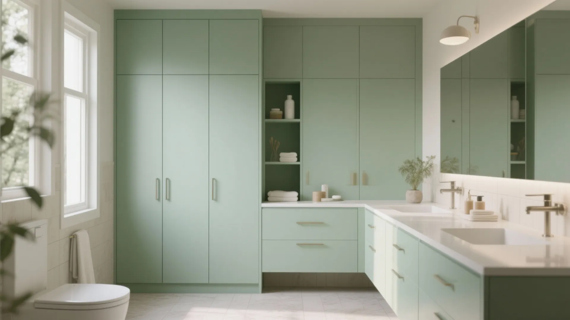 Soft sage green bathroom cabinets in a spa-like setting